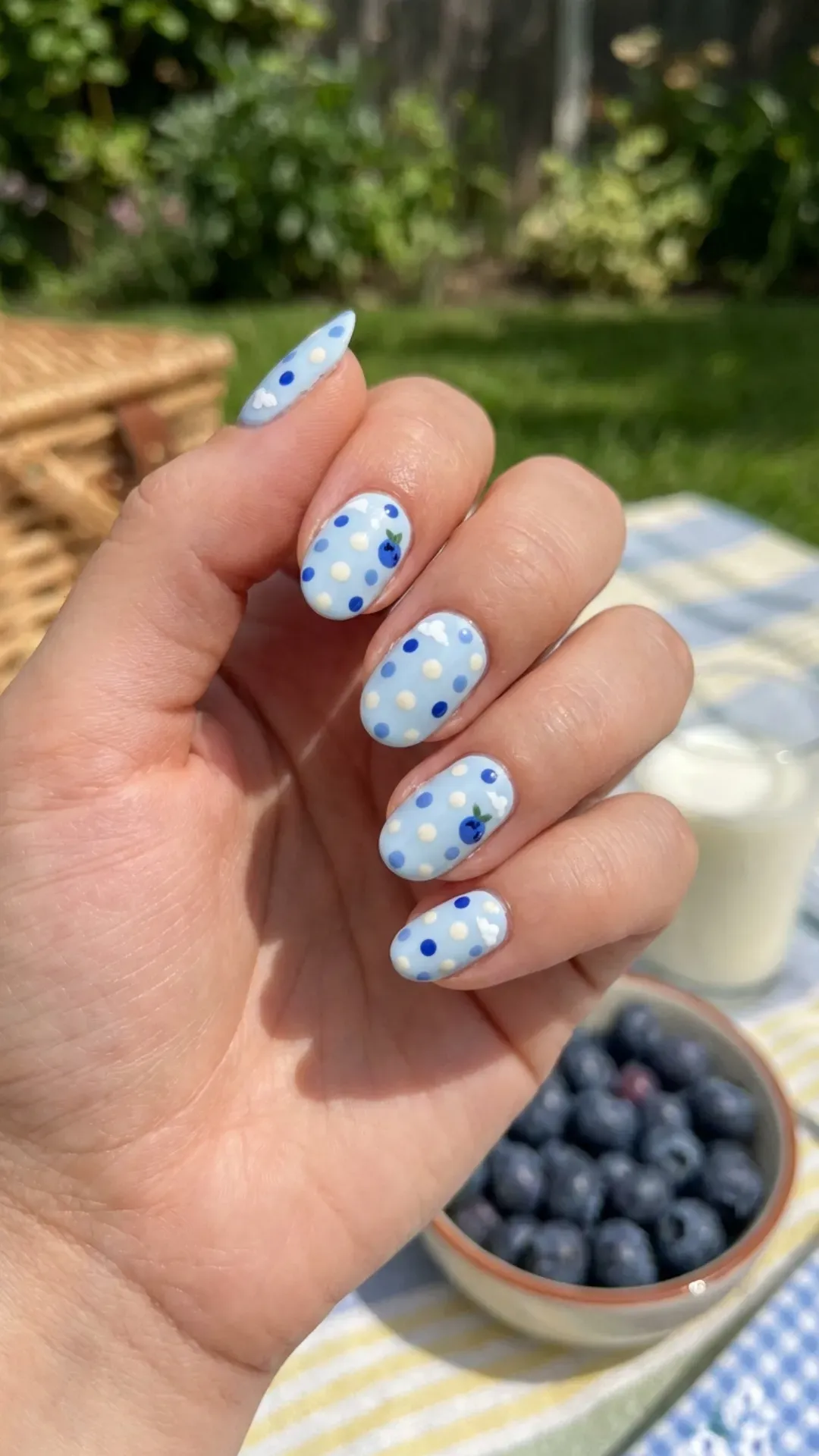 Playful blueberry milk dotting nail art with polka dots, bringing a fun and whimsical touch to a summer manicure