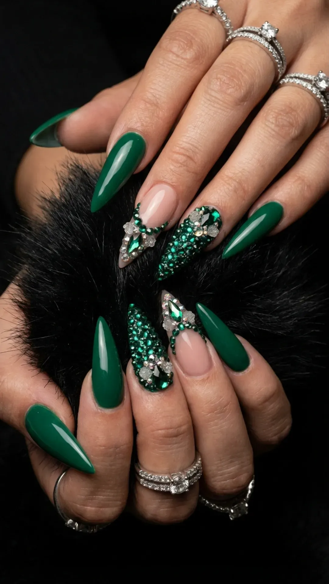 Long stiletto emerald green crystal glam nails with rhinestones and glossy finish