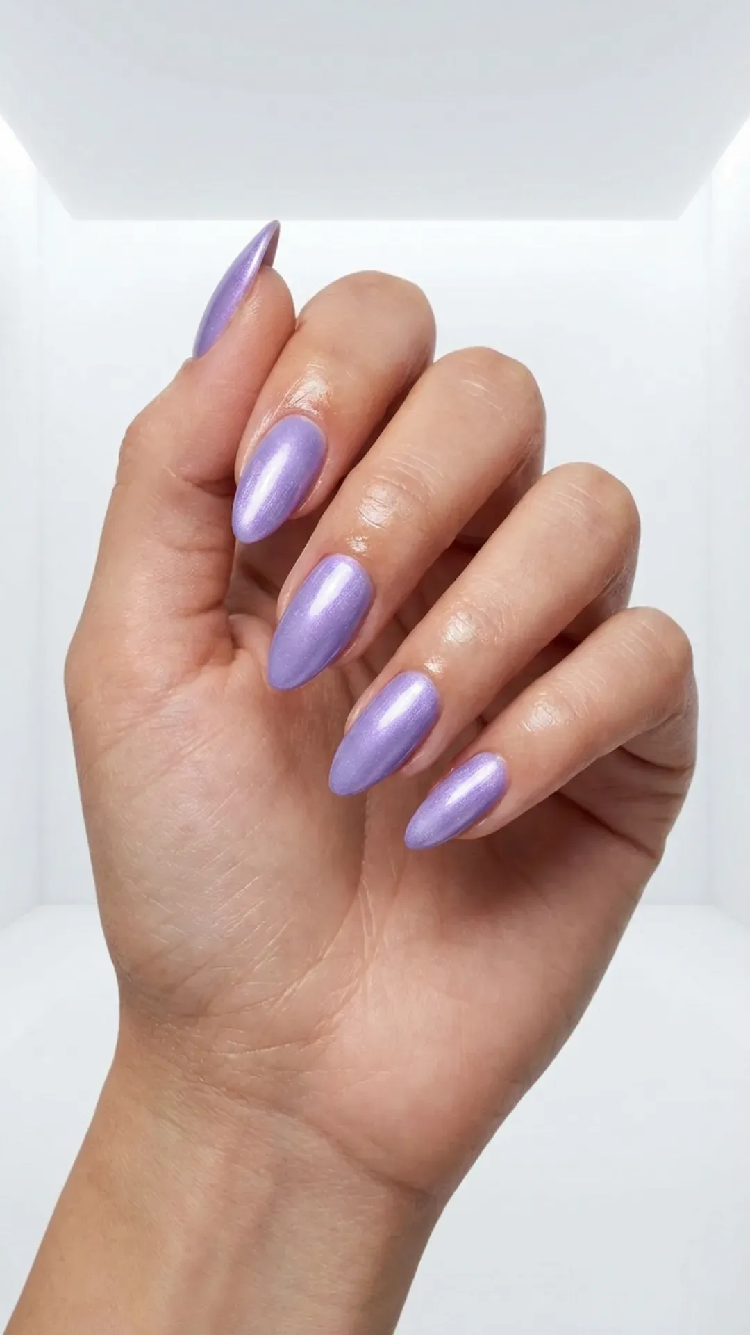 Solid glossy digital lavender manicure on almond nails by VANSWEG.COM