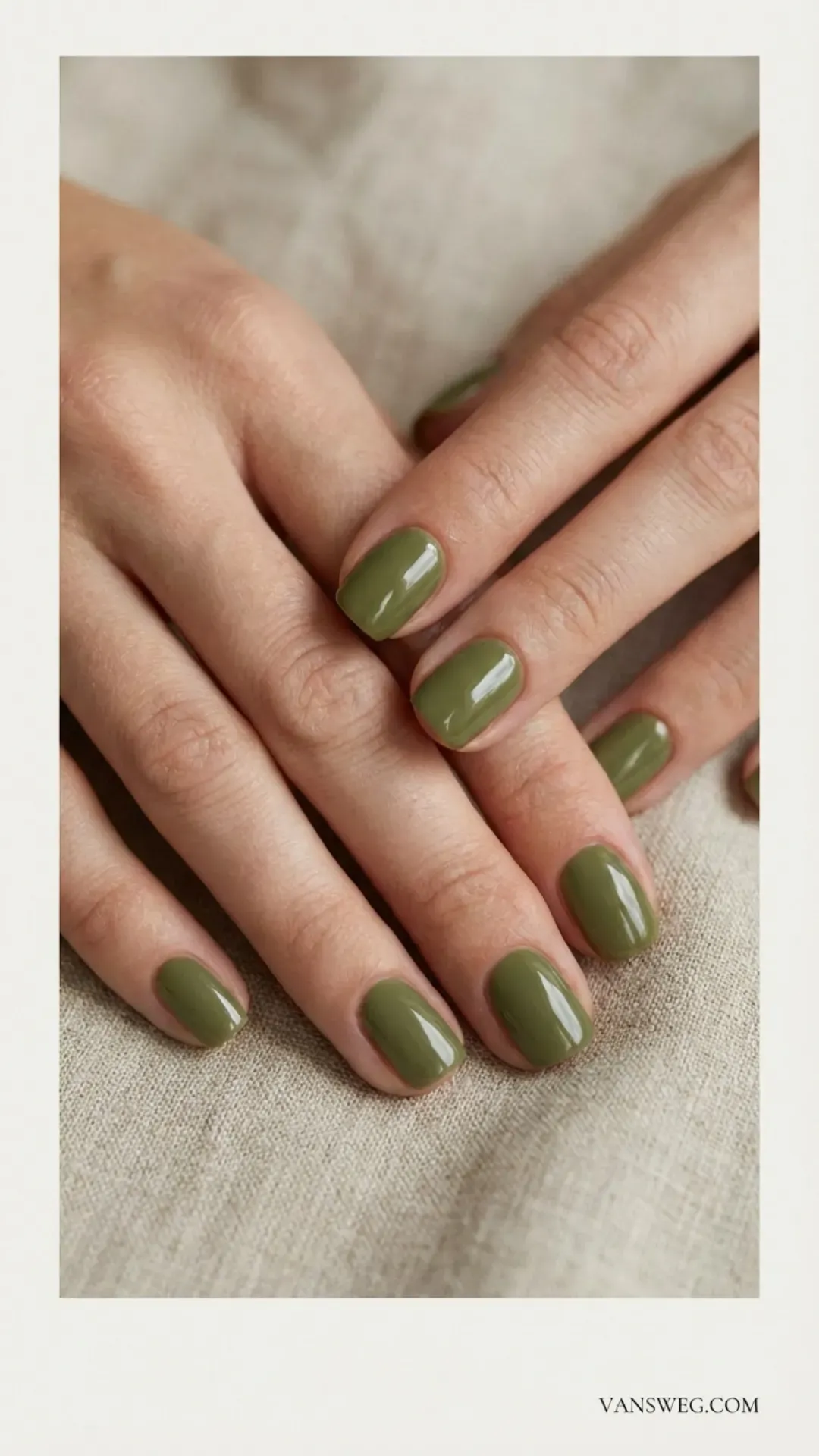 Solid glossy olive green manicure on short square nails by VANSWEG.COM