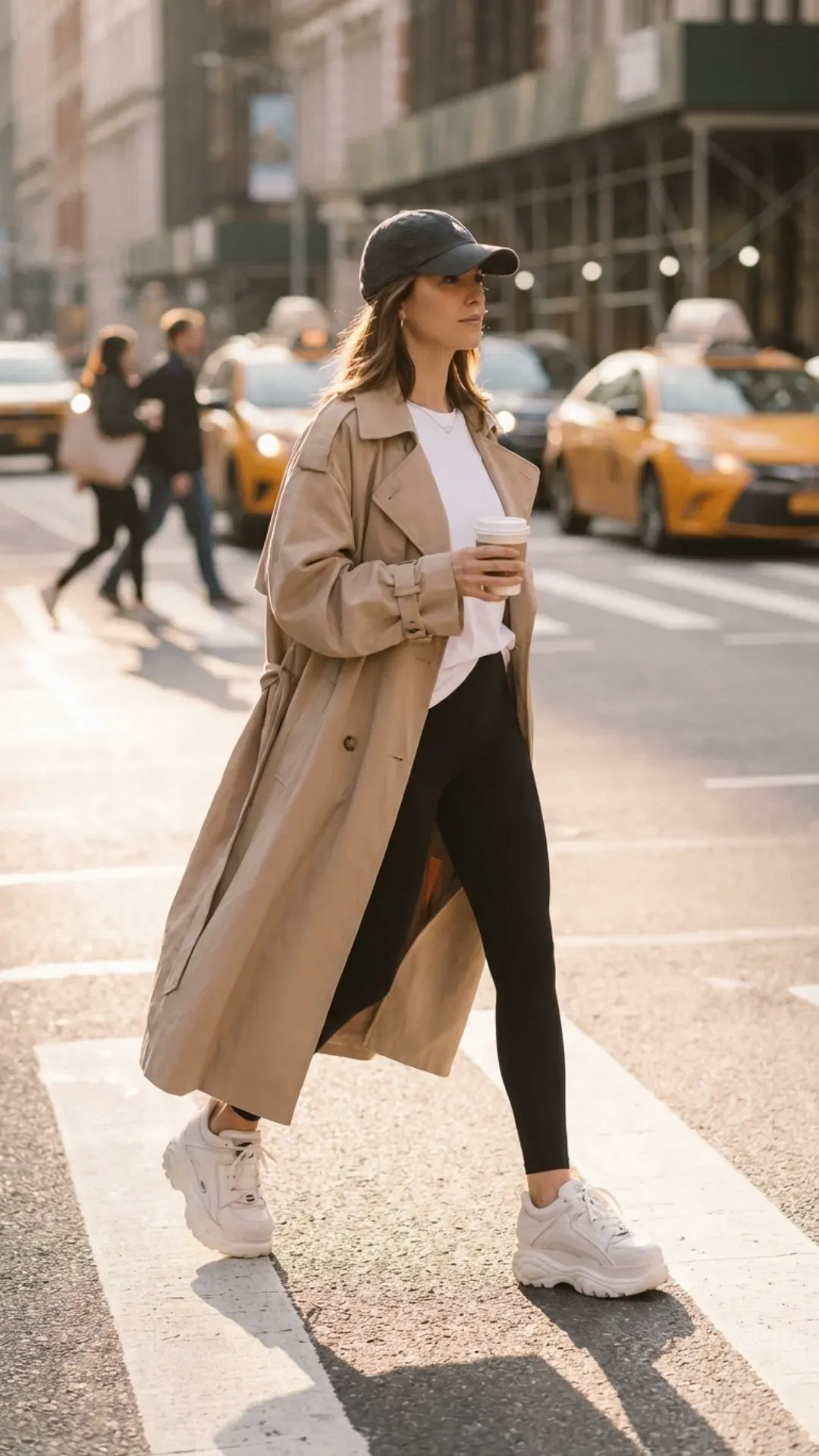 Beige trench coat and black leggings for an effortless everyday outfit.