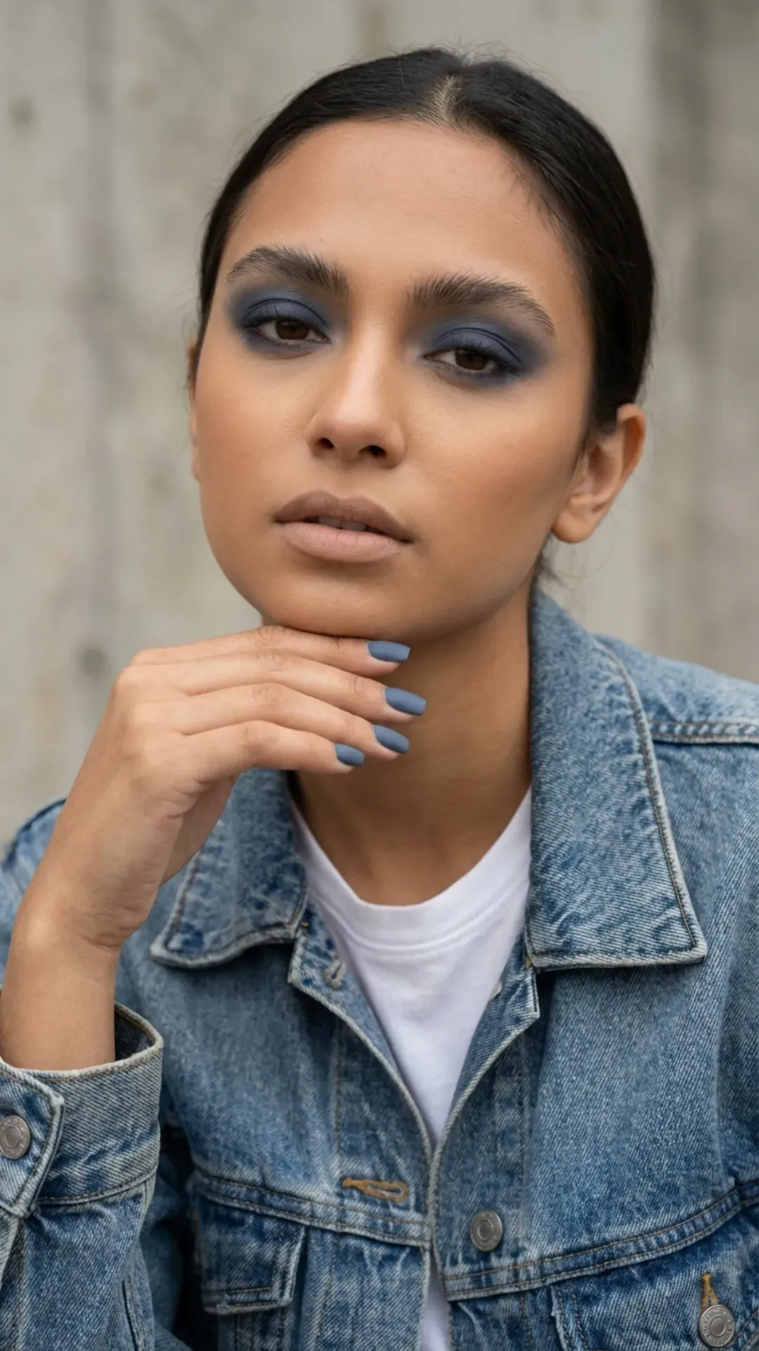 Woman with olive skin wearing matte dusty navy denim eyeshadow, a nude lip, and a vintage denim jacket with matte slate-blue square nails.