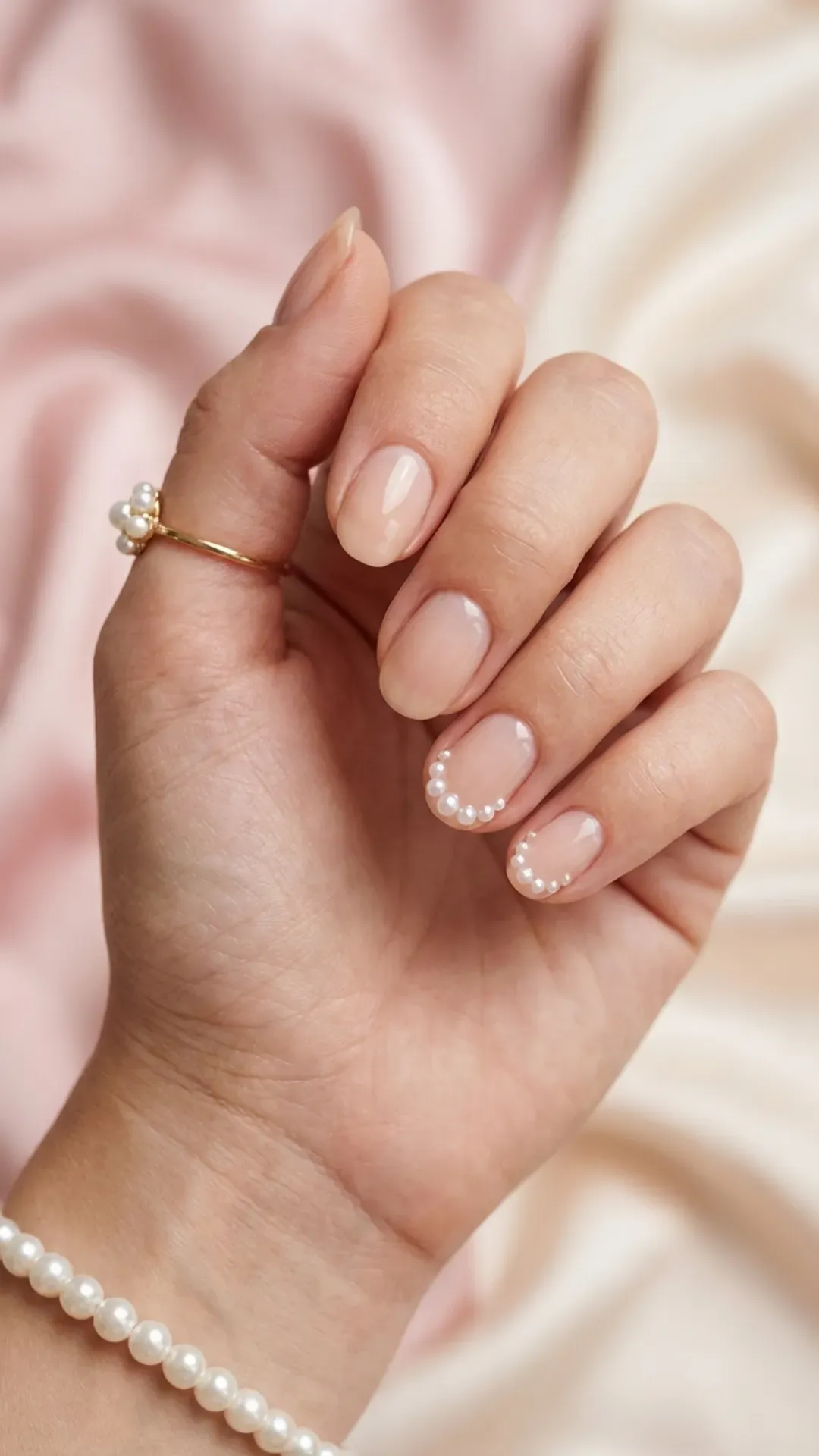 Nude coffin-shaped nails with elegant white pearl accents, offering a timeless and luxurious look with a touch of subtle glamour