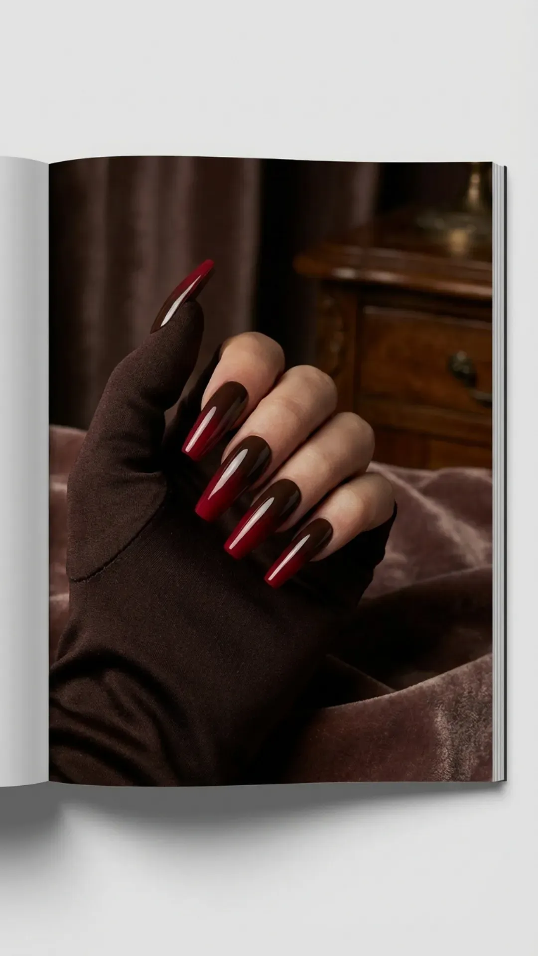 Dark espresso to cherry red ombre fade manicure VANSWEG.COM