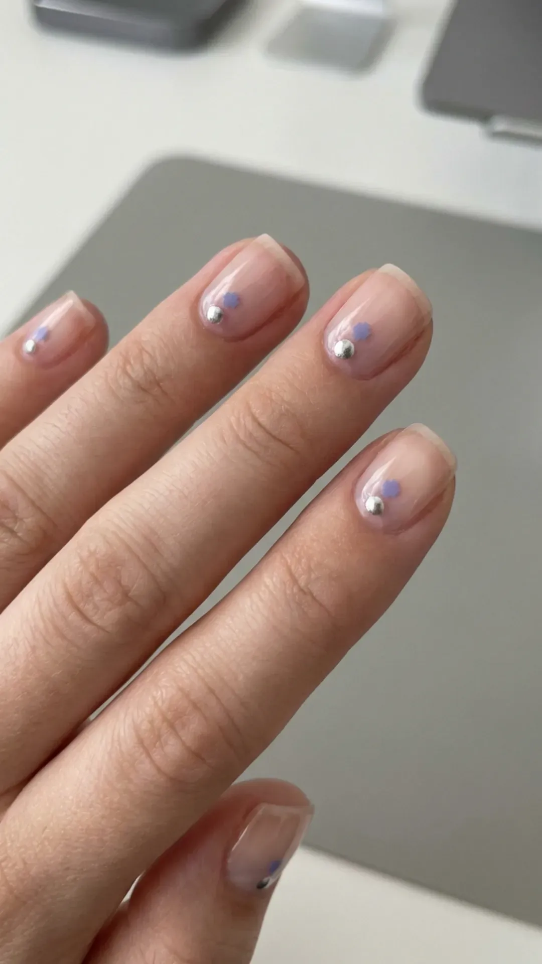 Sheer nails with minimalist digital lavender and silver dots VANSWEG.COM