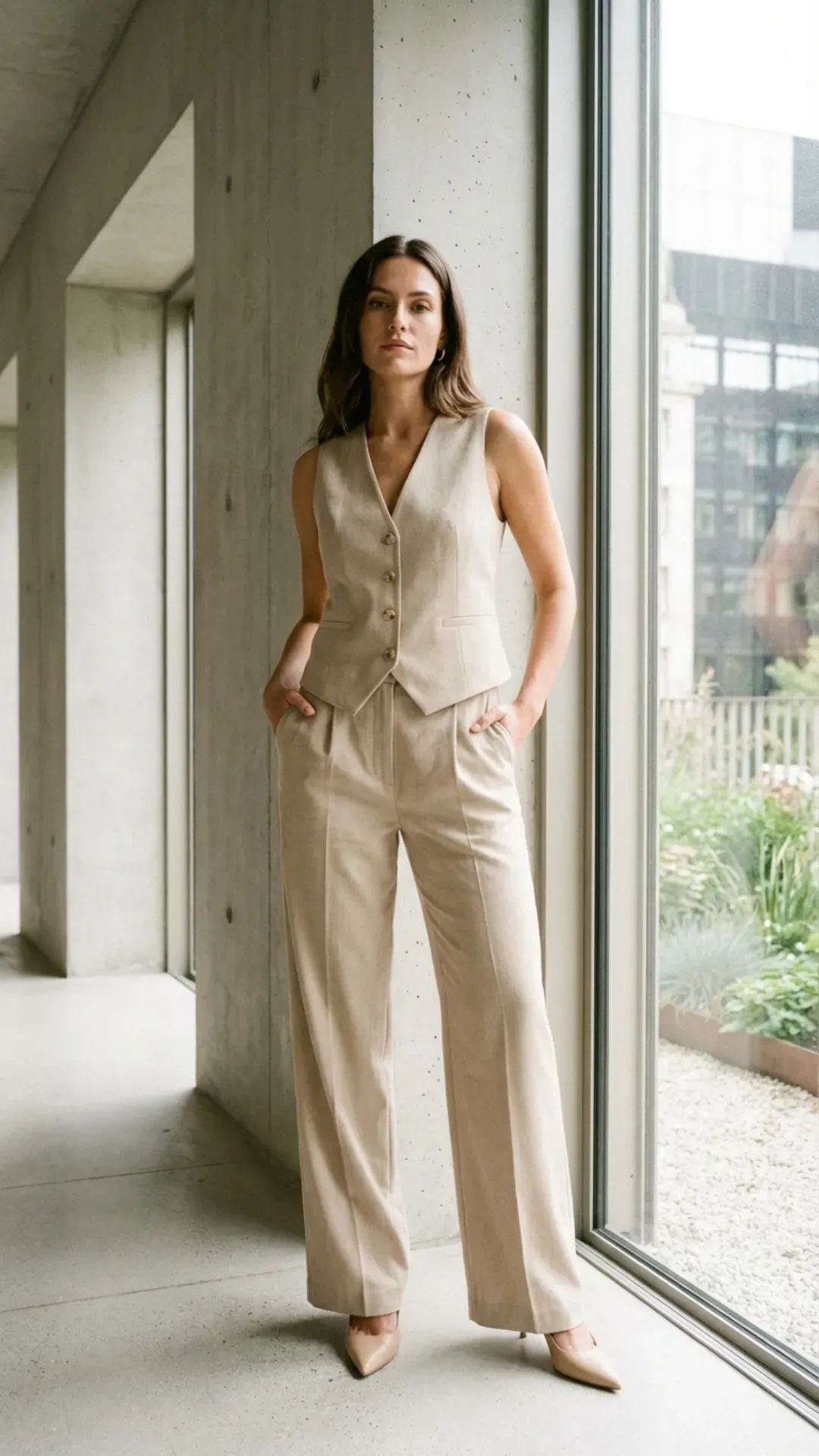 Matching beige tailored suit vest and trousers for a powerful classy outfit.