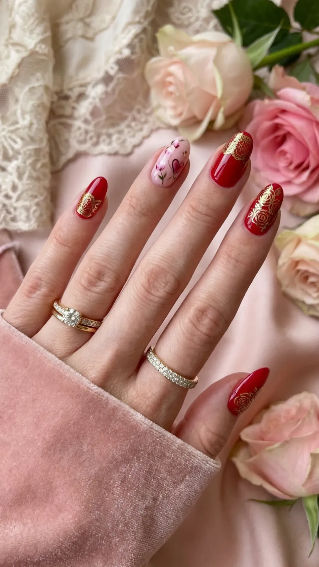 A mix of glossy red and soft pink ombre nails, some with a sleek finish and others with a high-shine gloss for a luxurious feel.