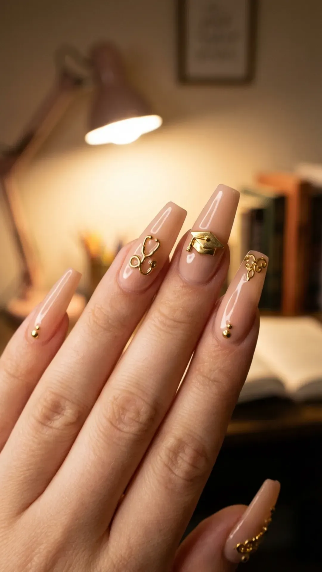 nude coffin nails with 3D gold major-specific charms by VANSWEG.COM