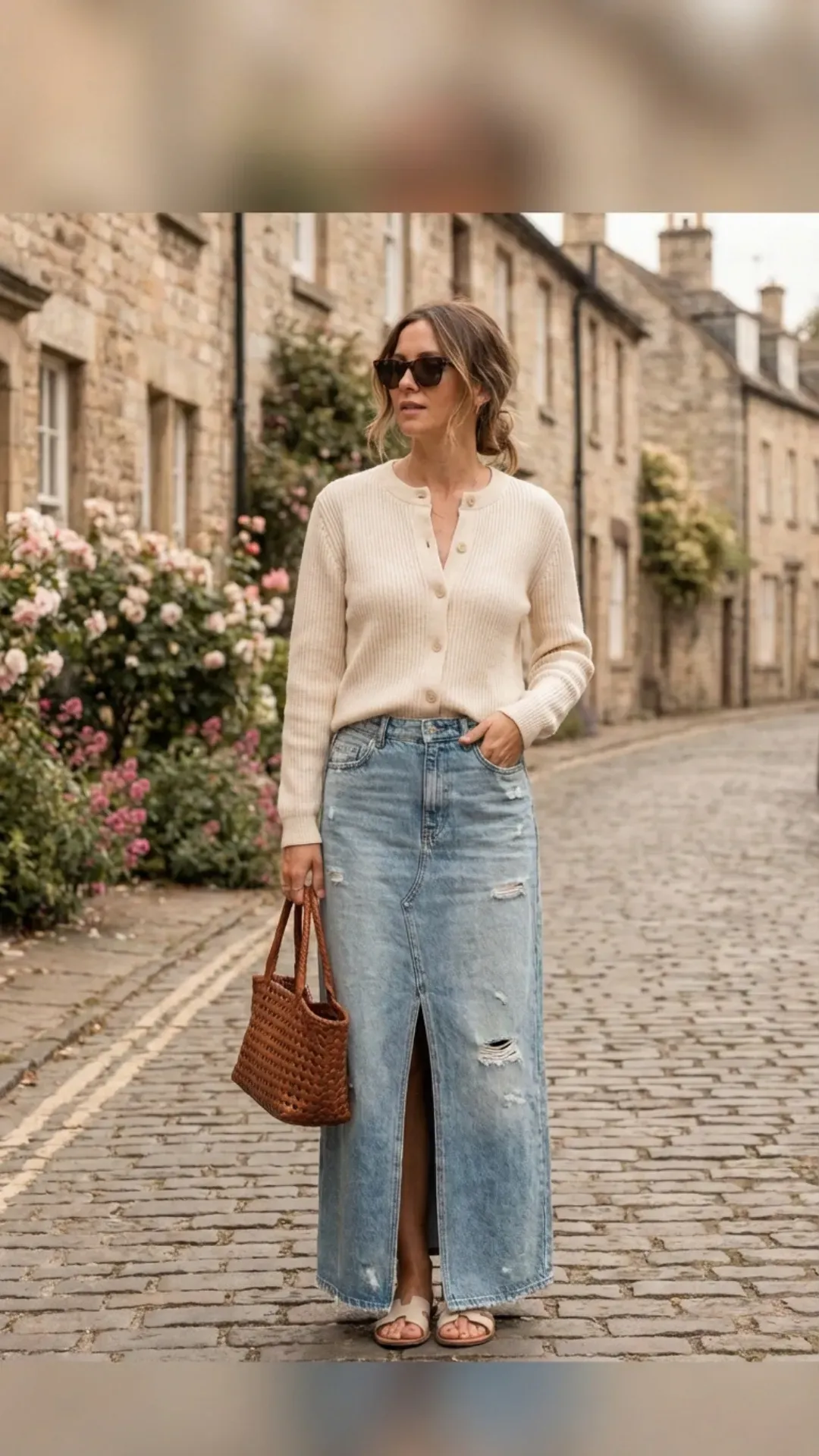 Denim maxi skirt and cream cardigan for a cute everyday outfit.