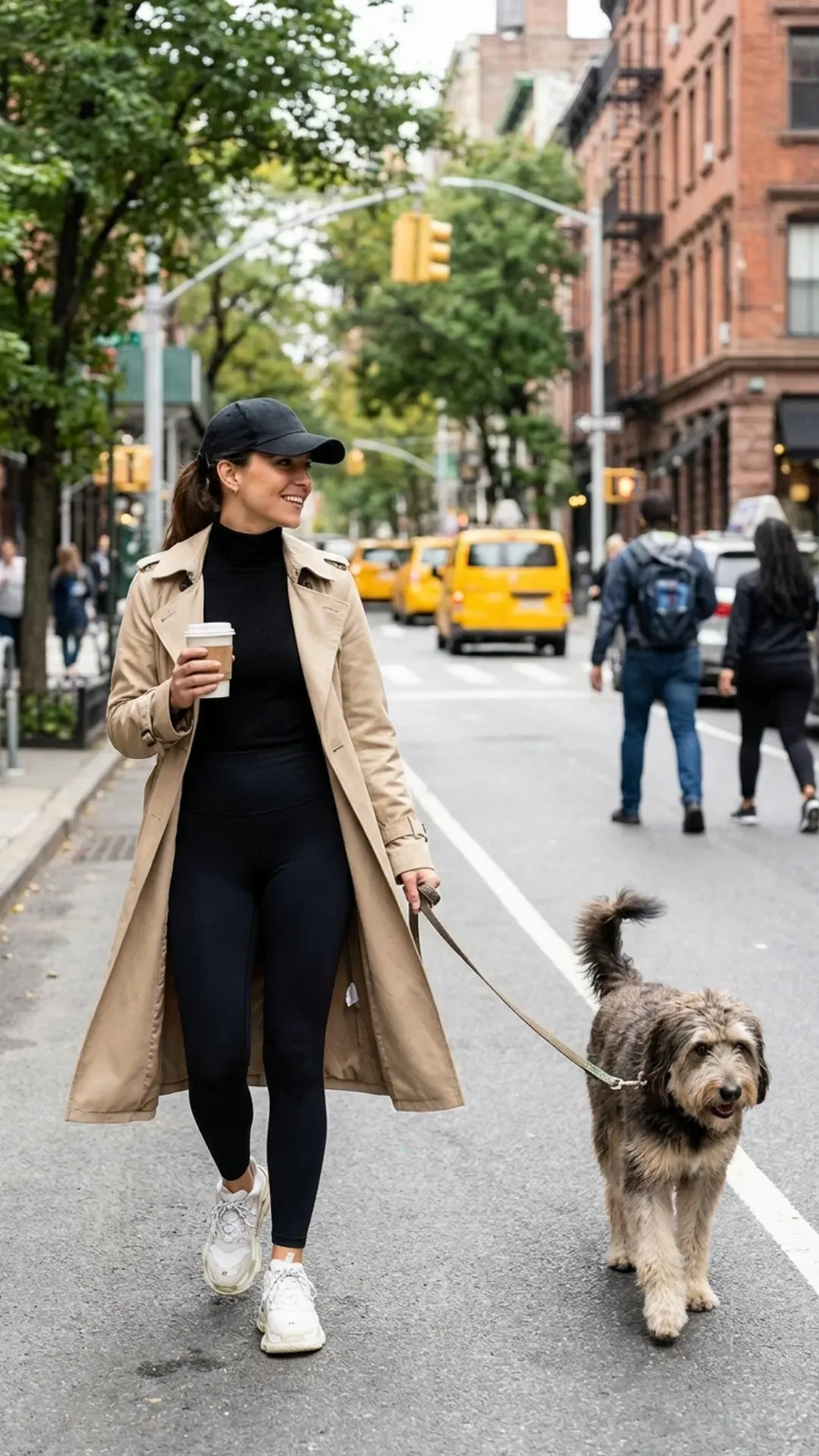 Beige trench coat paired with black leggings for a stylish casual outfit