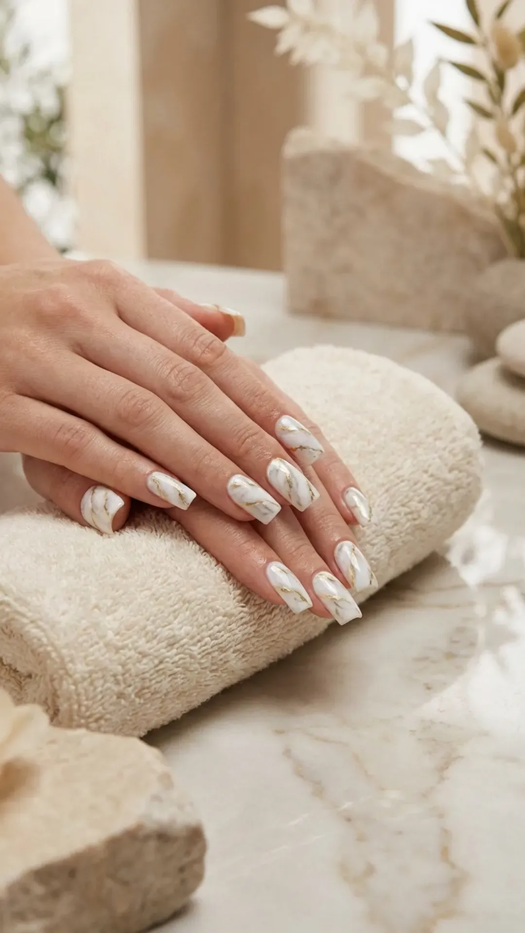 White marble prom nails with gold veining, square shape luxury manicure