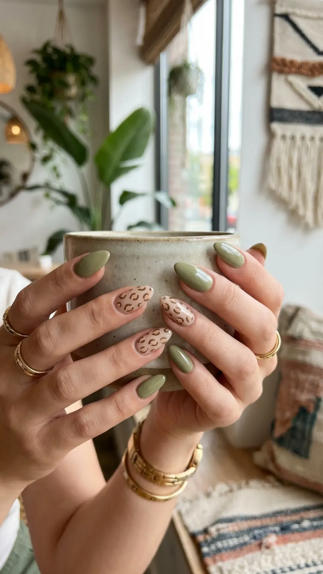  Muted olive green base with soft brown leopard print nail art VANSWEG.COM