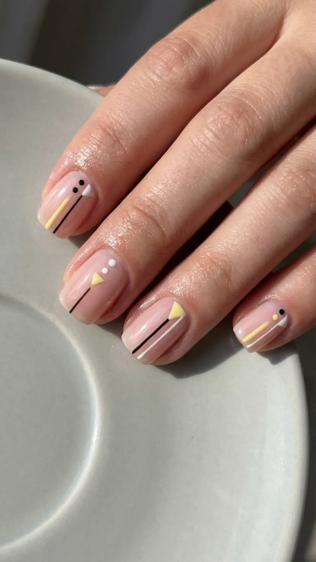 Minimalist geometric butter yellow black and white nail art VANSWEG.COM