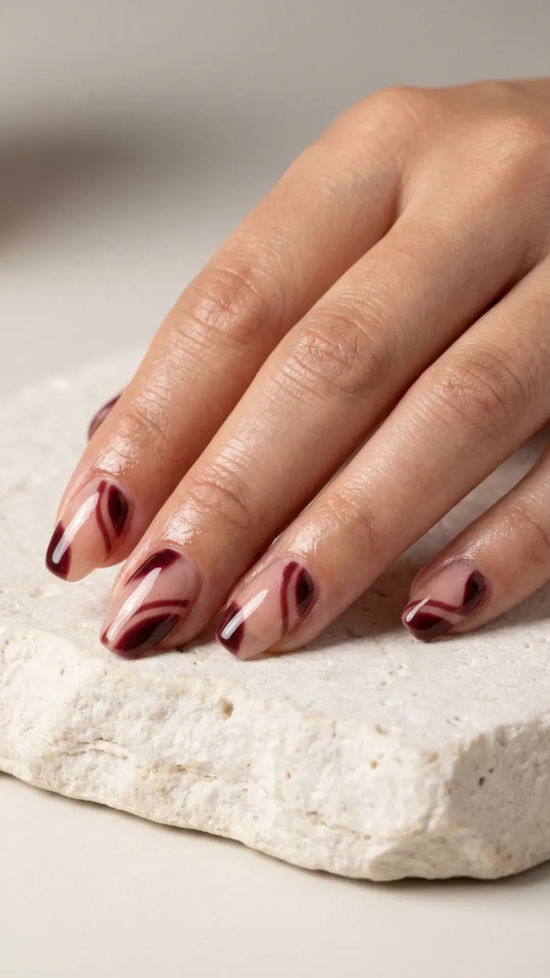 Modern dark cherry mocha negative space nail art VANSWEG.COM