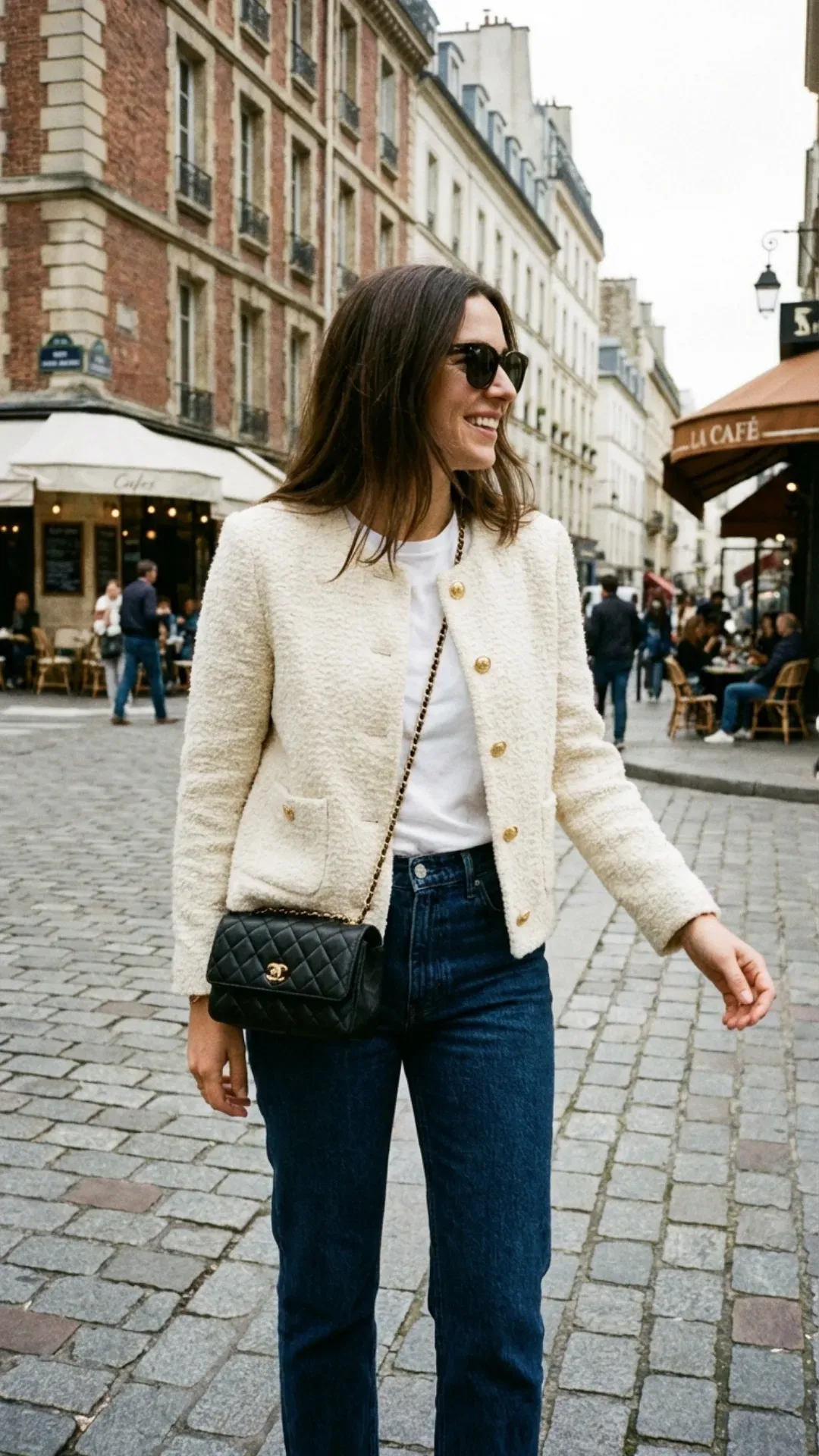 Cream bouclé jacket and dark wash jeans for an expensive-looking casual outfit.