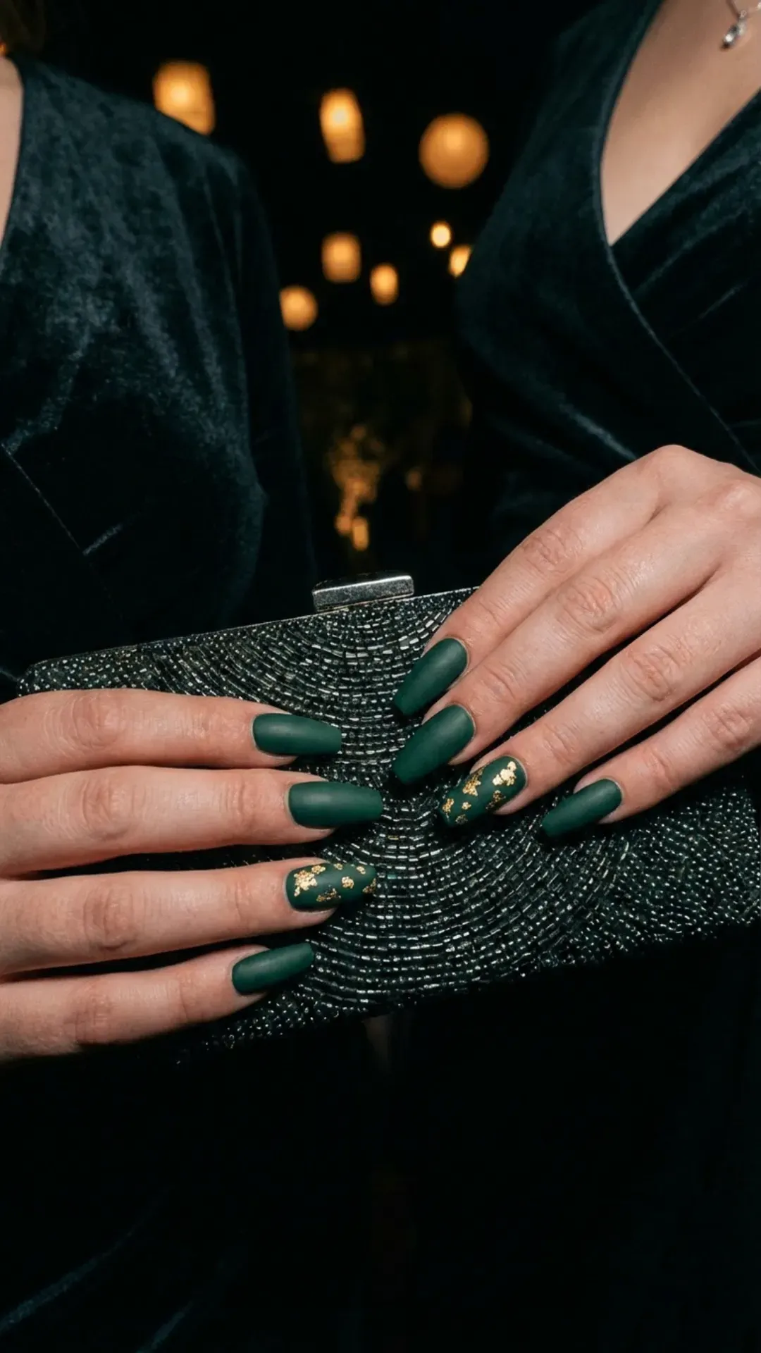 Dark forest green matte prom nails with gold leaf accents, dramatic manicure