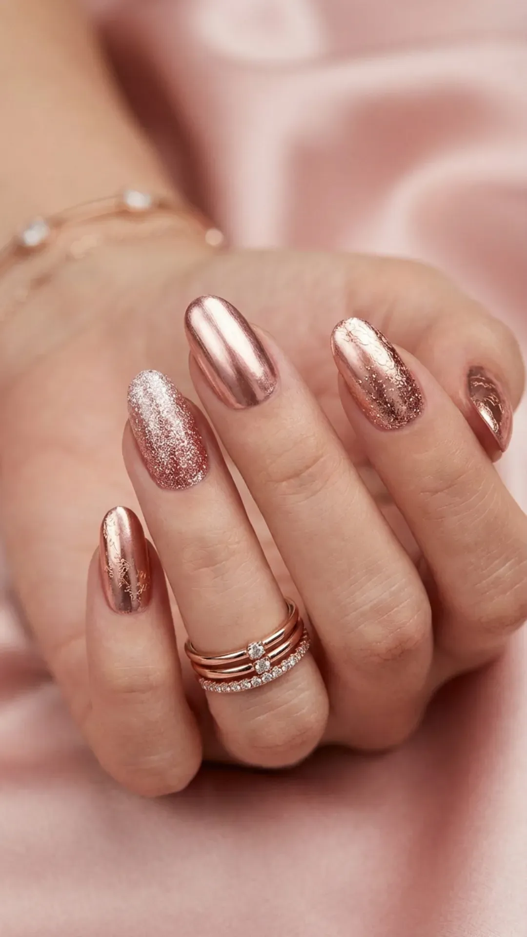 Sparkling rose gold nails with chunky glitter, offering a rich and textured look that radiates under the light for an opulent effect.
