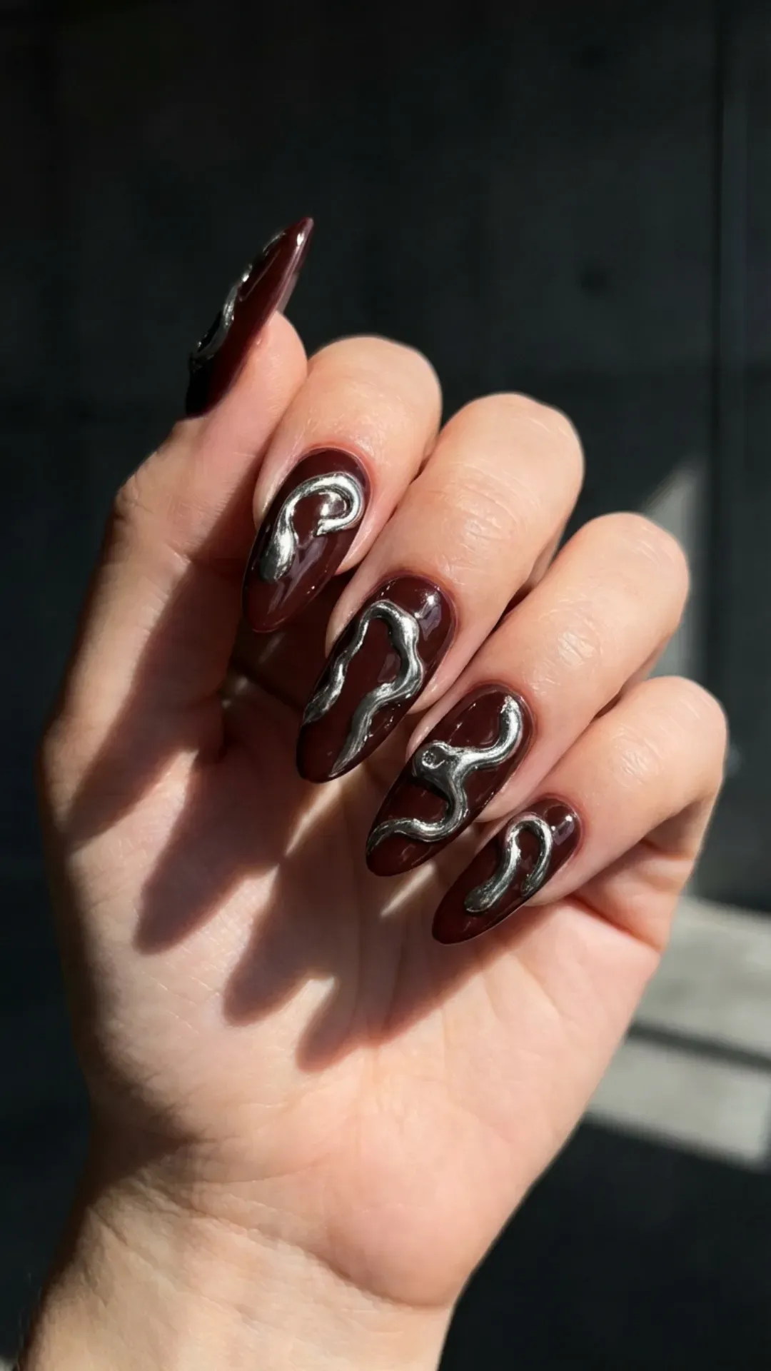 Cherry mocha base nails with 3D silver chrome molten details VANSWEG.COM