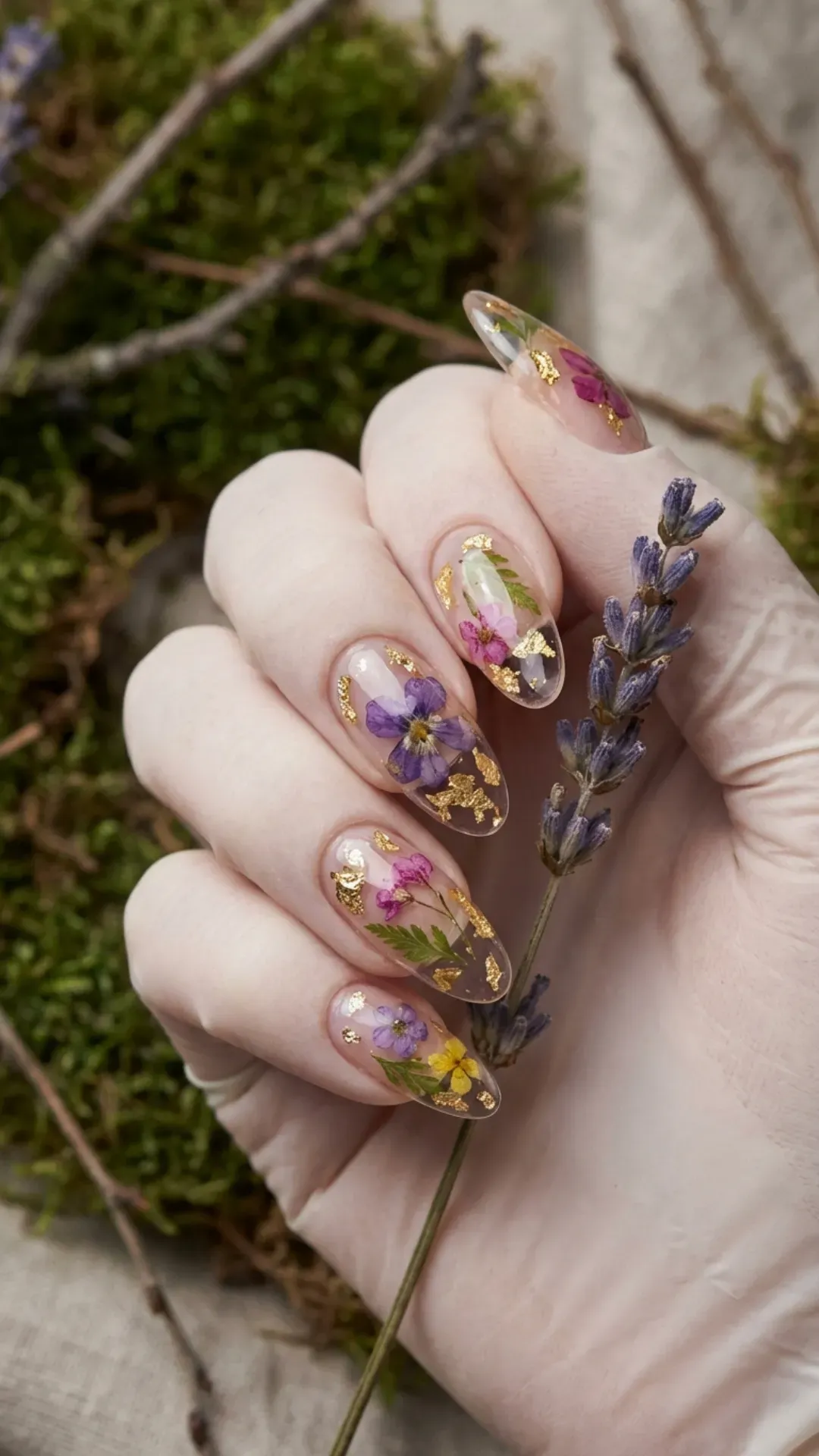  Clear gel nails encapsulating real tiny dried spring flowers VANSWEG.COM