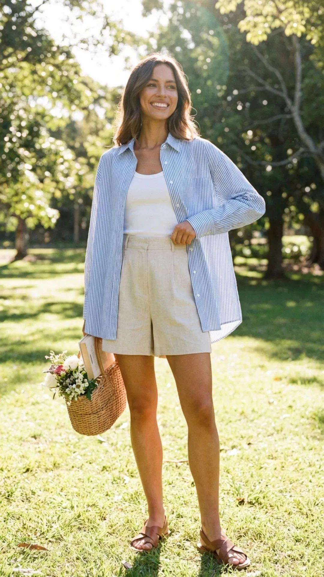 Striped poplin shirt and high-waisted shorts for an effortless casual look.
