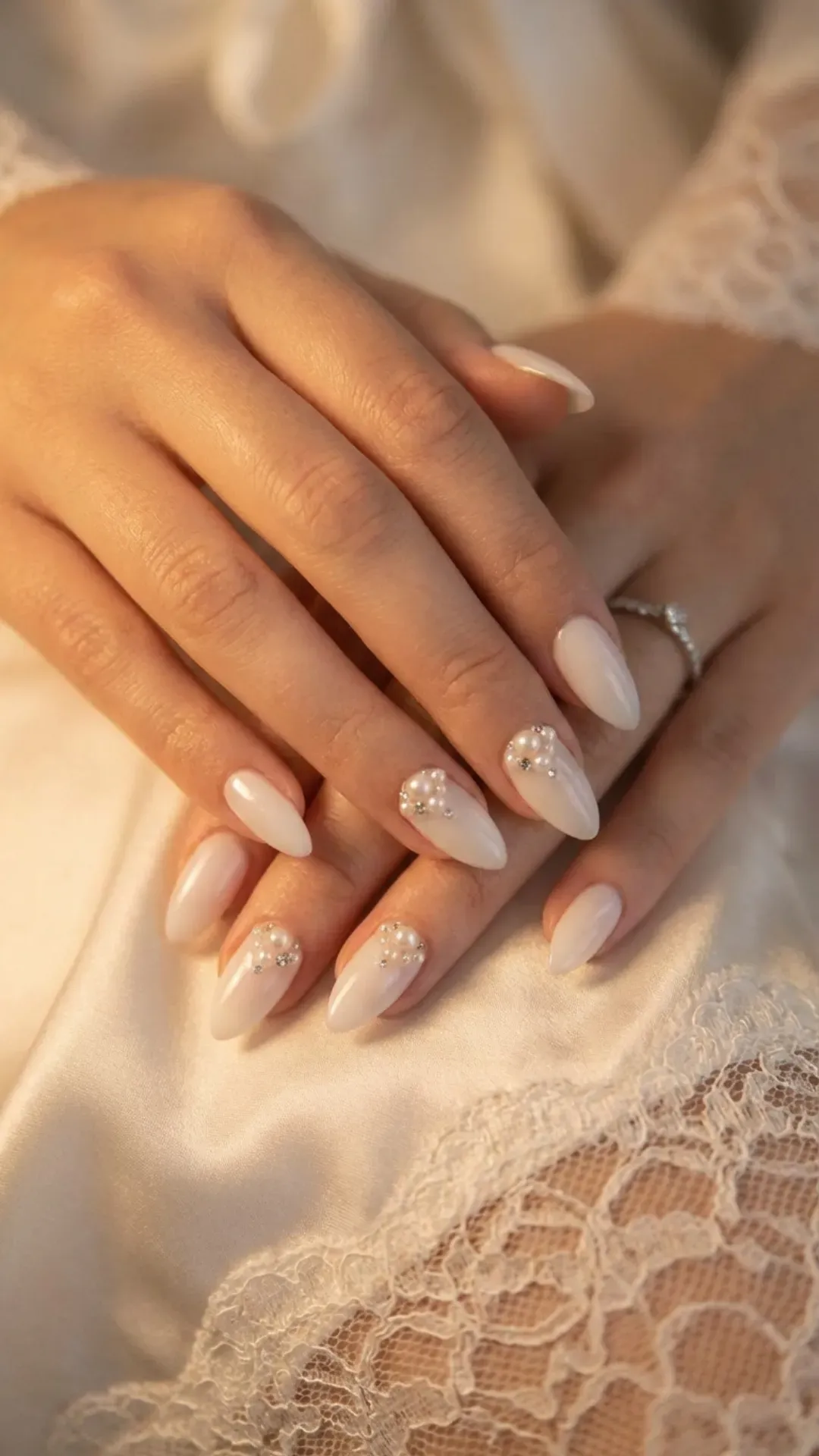 Milky white prom nails with pearl embellishments, elegant feminine manicure