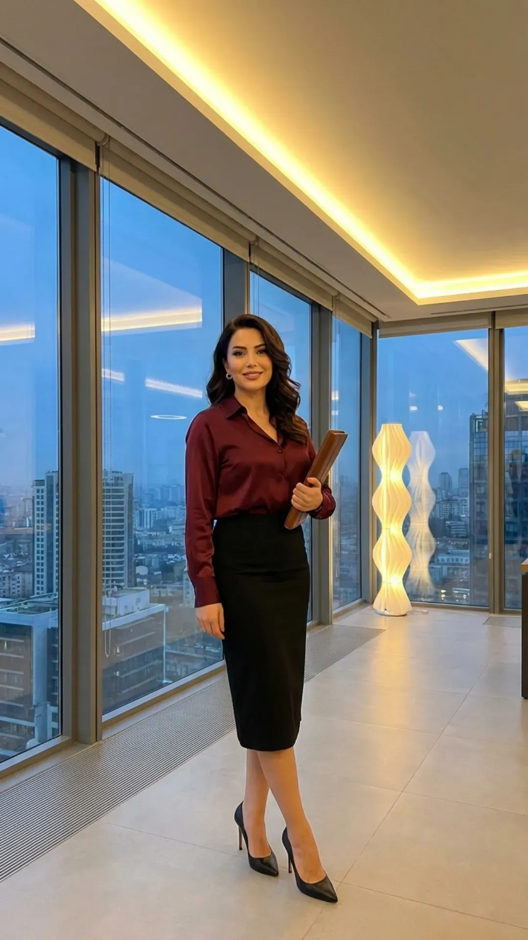 Burgundy satin blouse and black pencil skirt for an elegant professional outfit.