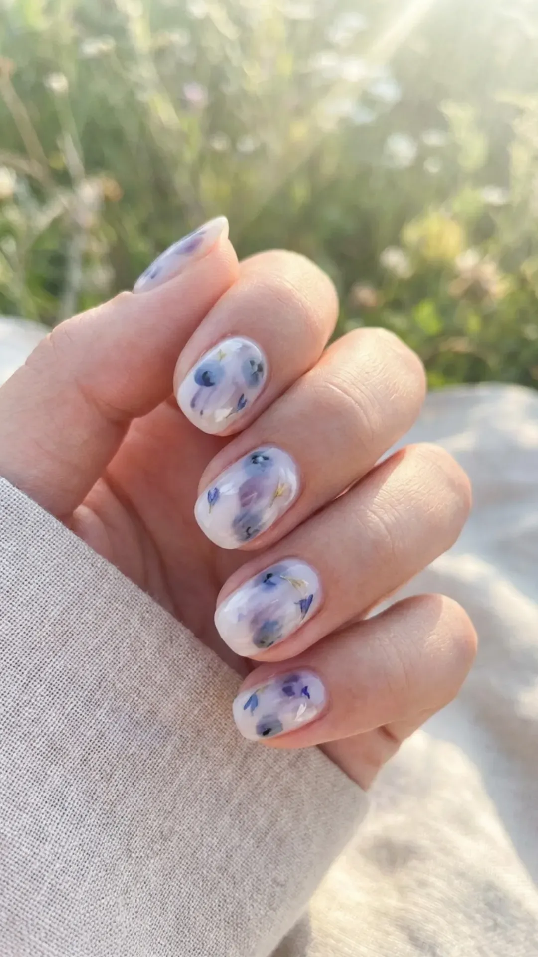 Soft and dreamy blueberry milk watercolor nails with delicate color washes creating a tranquil summer aesthetic