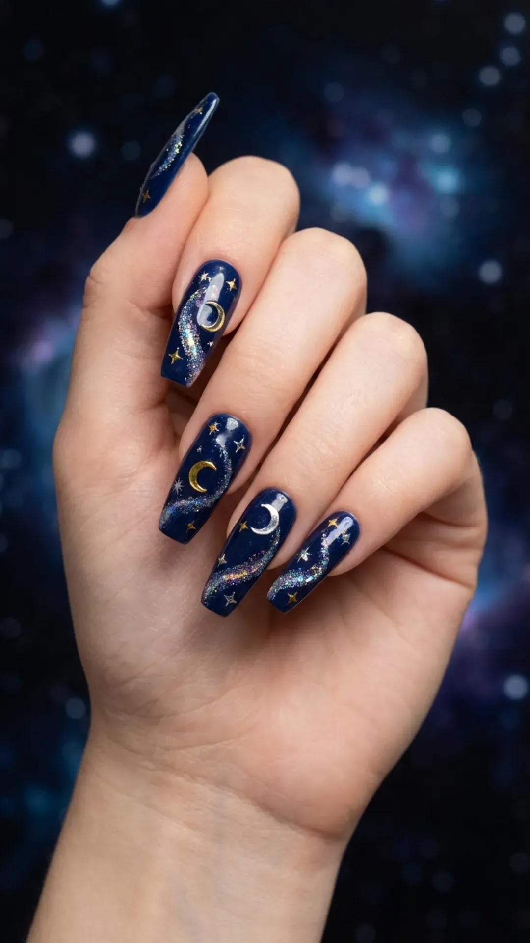 Long sapphire blue nails with glitter accents reminiscent of a starry night, exuding elegance with a touch of celestial sparkle.