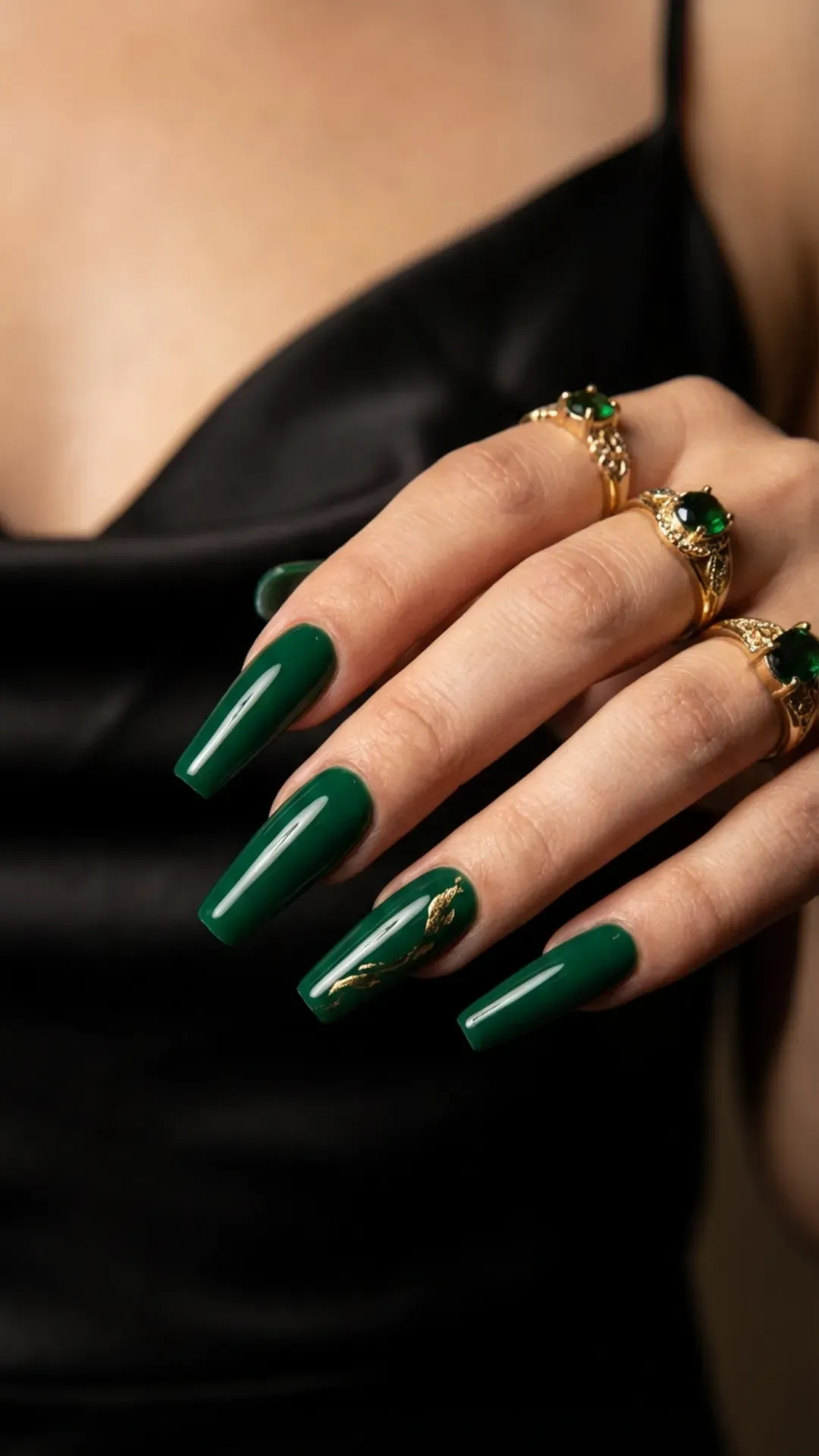 Glossy emerald green square nails with delicate gold detail on accent nail