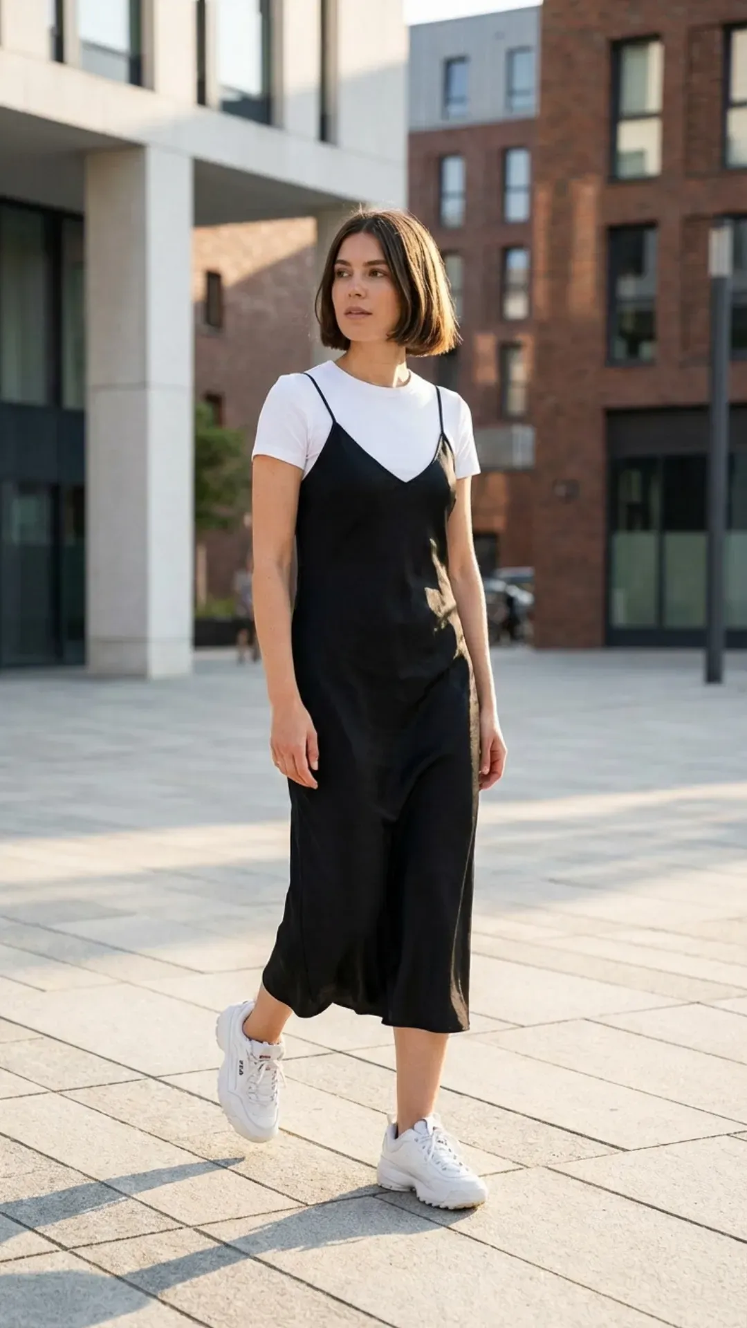  Black slip dress layered over a white t-shirt for a casual 90s-inspired outfit.