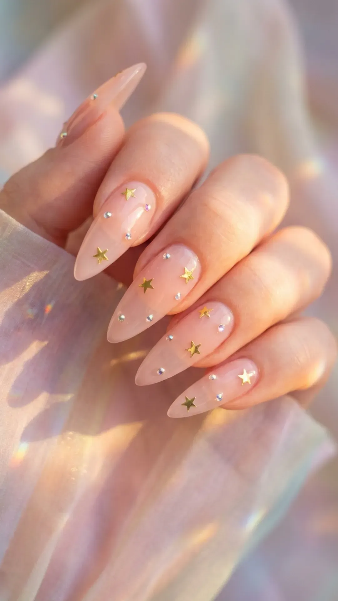 sheer pink stiletto nails with gold stars and rhinestones by VANSWEG.COM