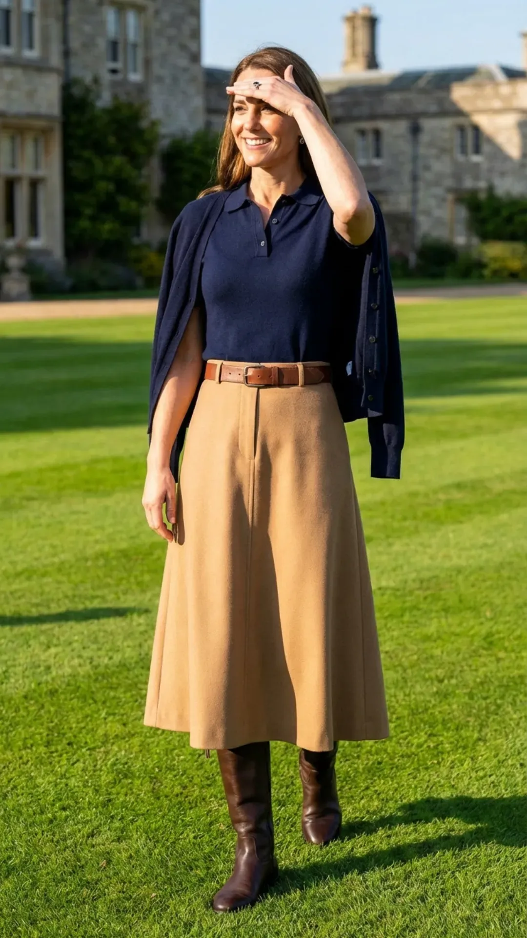 Navy polo sweater and camel A-line skirt for an elegant daytime outfit