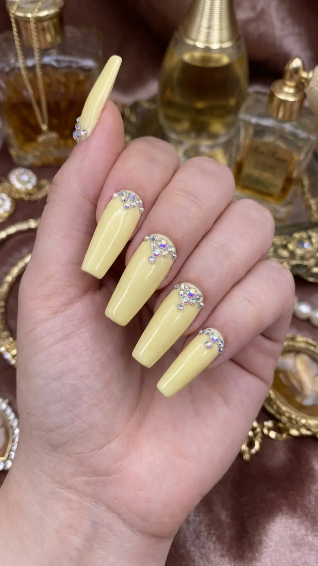Long butter yellow coffin nails decorated with crystal rhinestones VANSWEG.COM