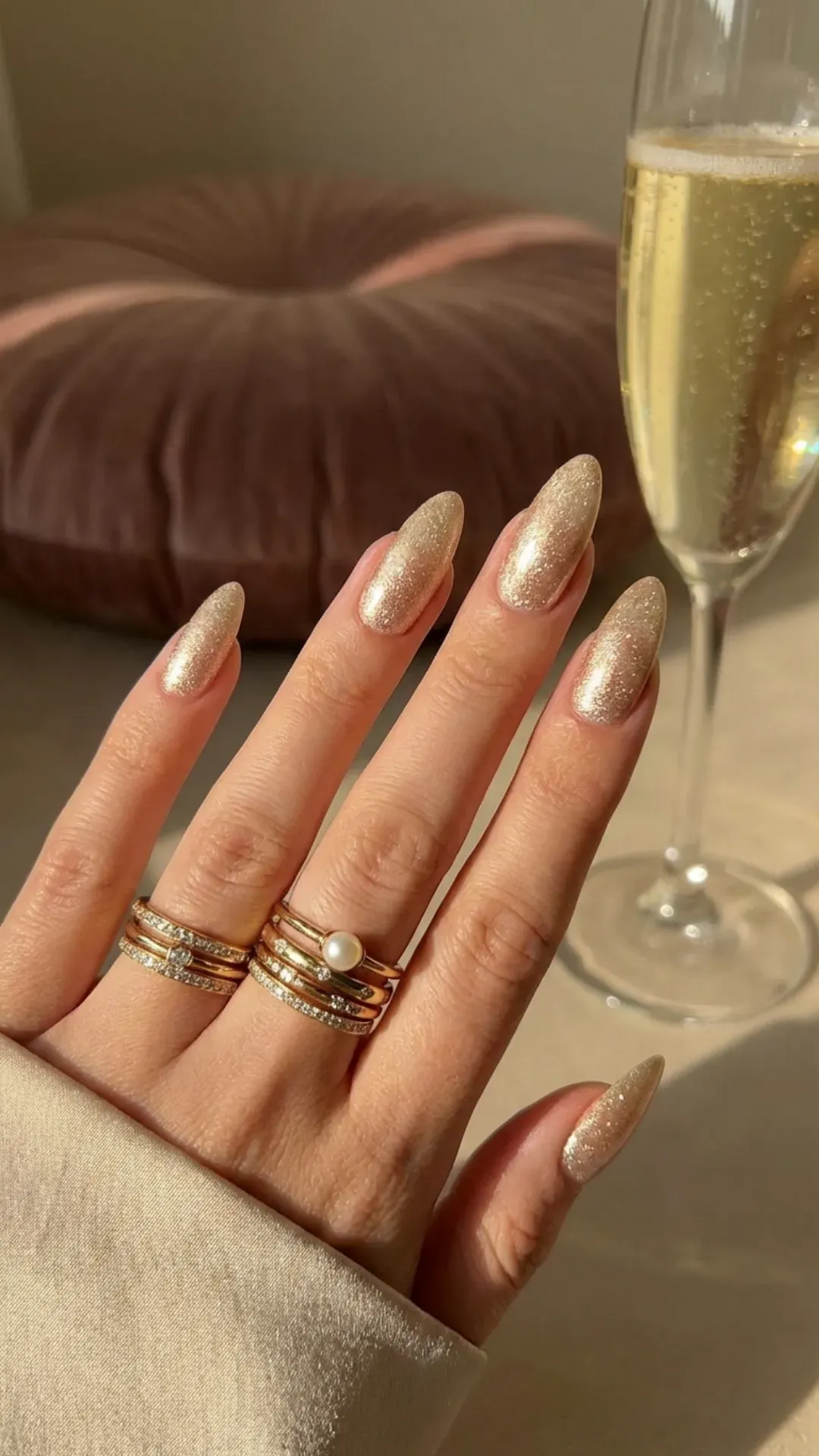 Champagne gold shimmer prom nails, almond shape classy manicure