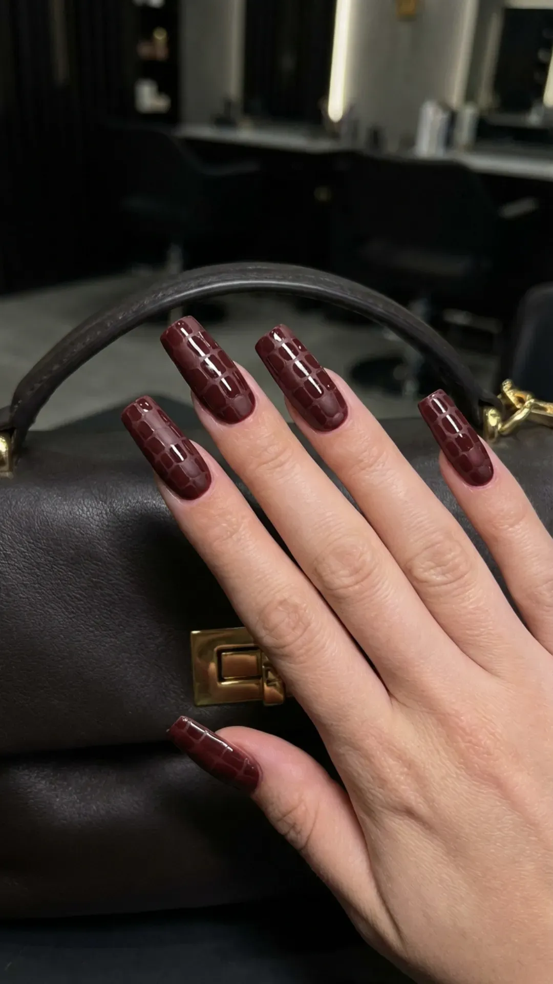 Deep cherry mocha nails with matte crocodile print texture VANSWEG.COM