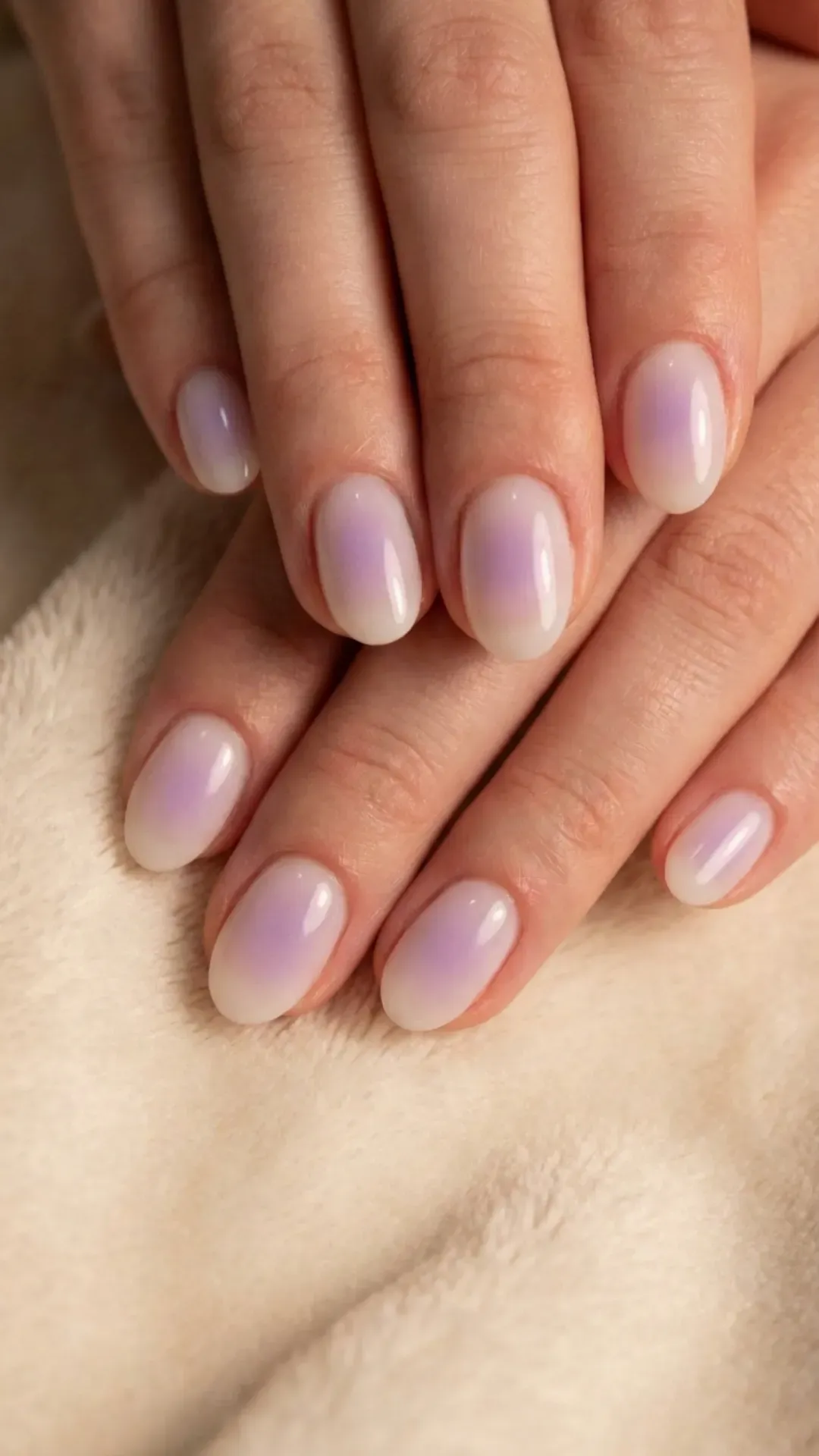 Milky white nails with a diffused digital lavender blush center VANSWEG.COM
