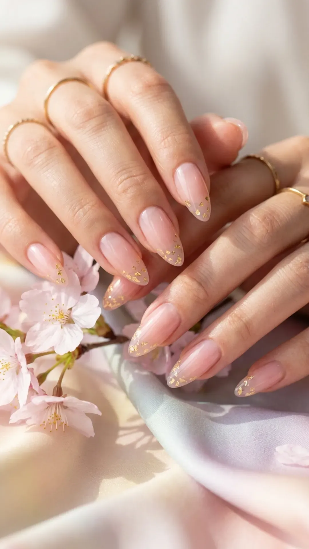 Sheer pink nails with delicate gold foil cuticle accents VANSWEG.COM