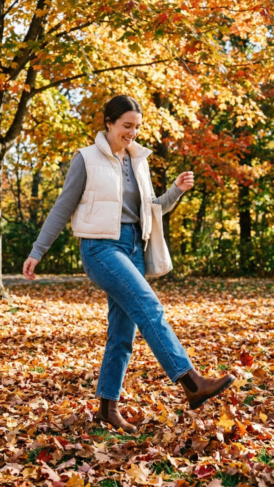 Cream puffer vest and jeans for a cozy casual outfit idea.