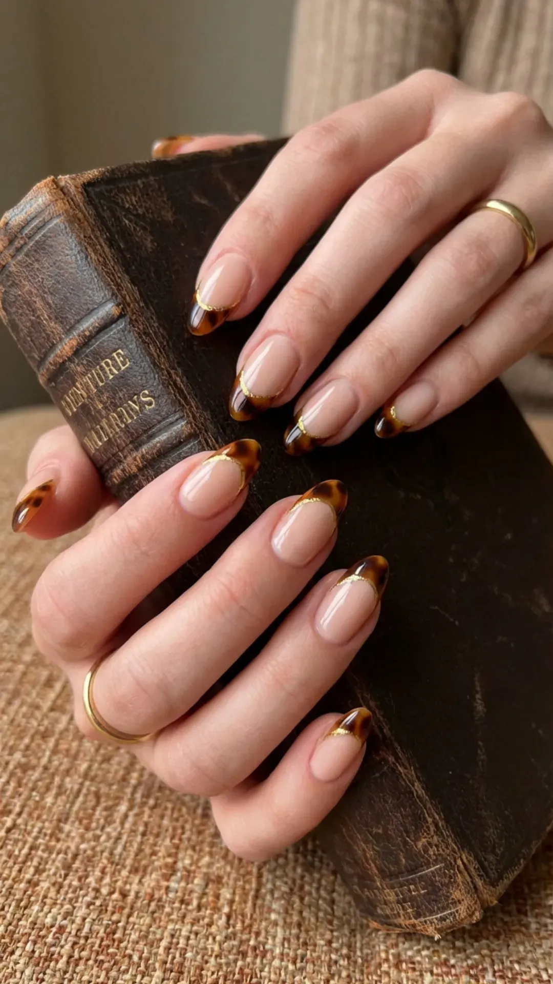 nude nails with dark academia tortoiseshell French tips by VANSWEG.COM