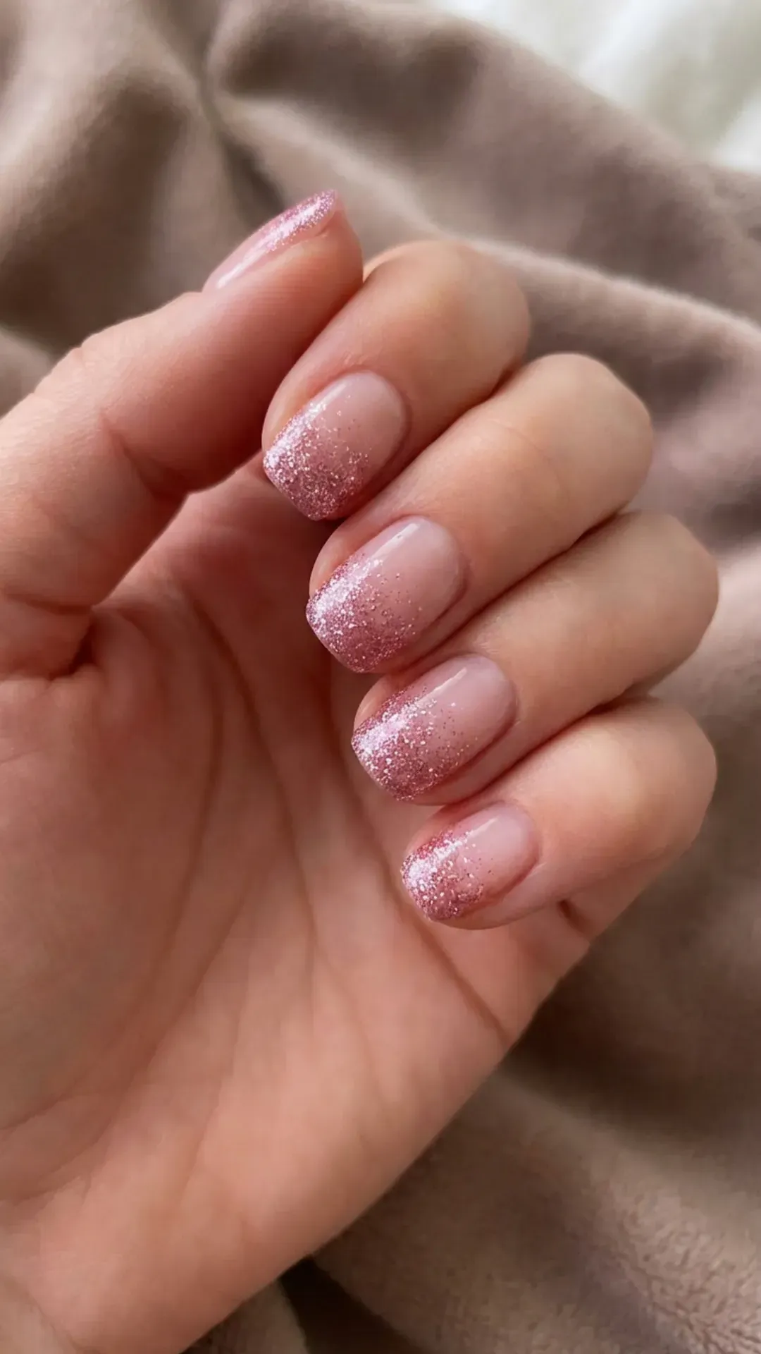 Short nails with a glittering gradient on French tips, transitioning from a natural pink base to a sparkling pink, adding a dash of glamour to your fingertips.