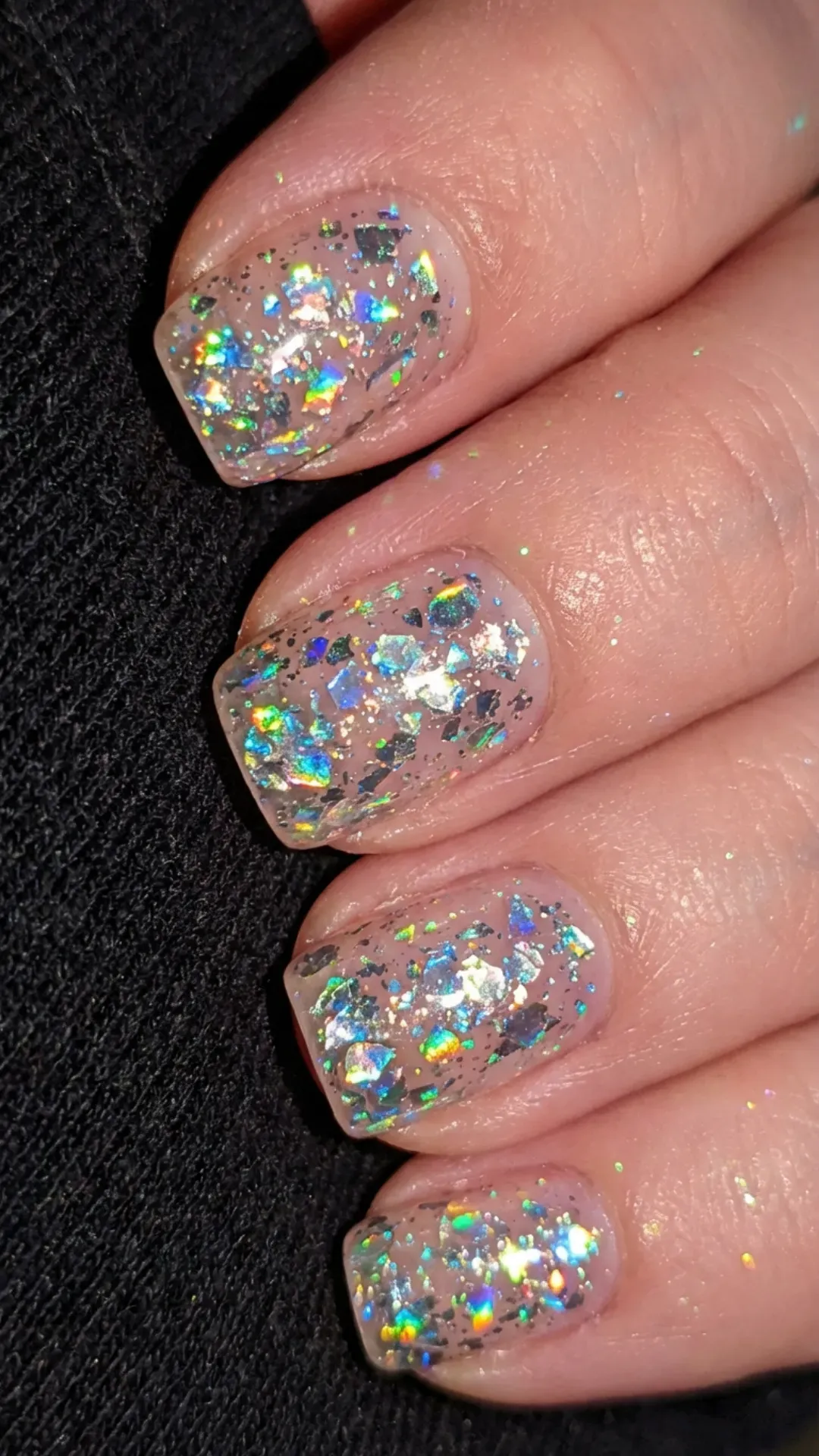 clear squoval nails with chunky holographic glitter confetti by VANSWEG.COM