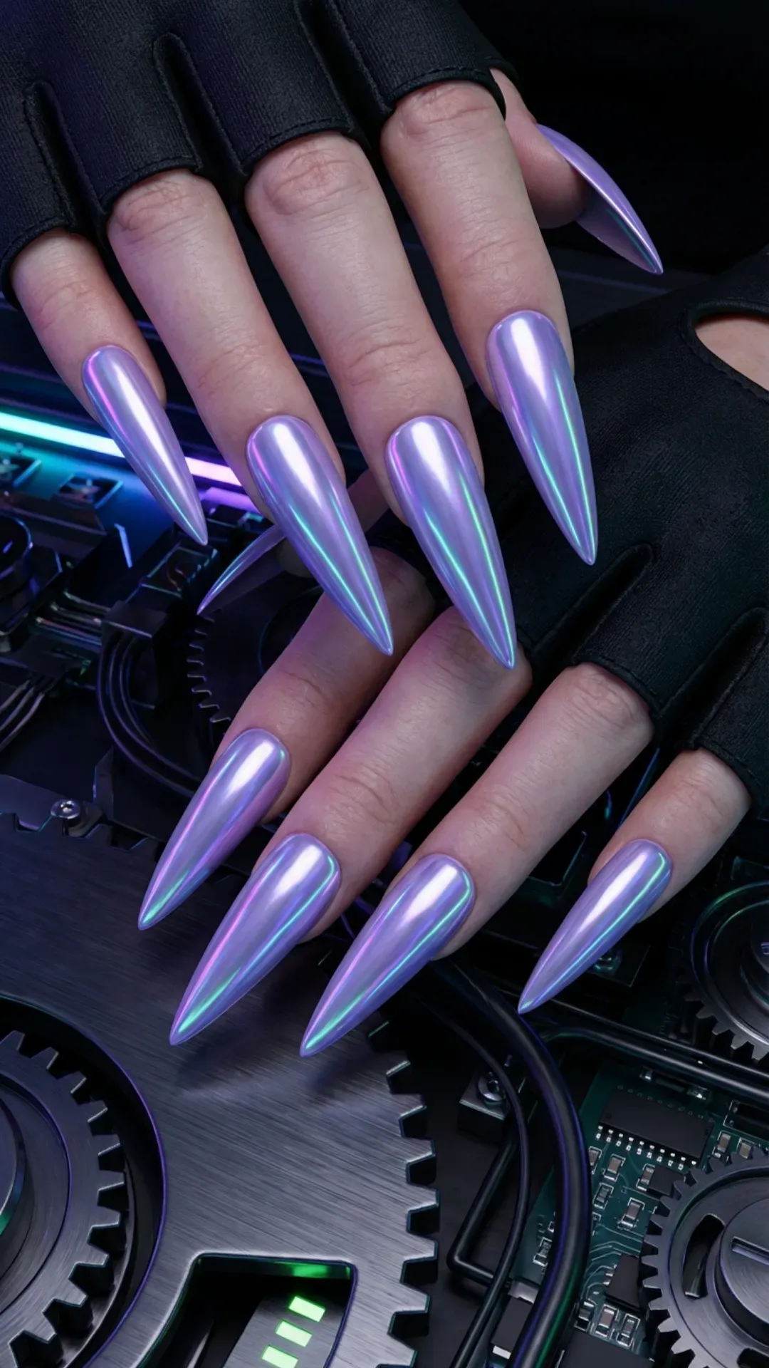 Sharp stiletto nails in a hyper-reflective metallic digital lavender VANSWEG.COM