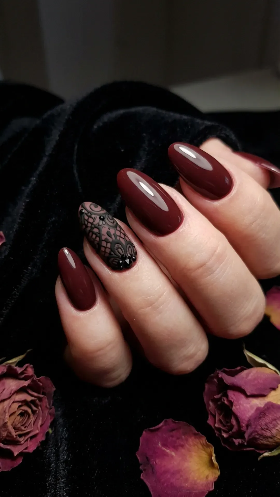 Deep cherry mocha nails with intricate black lace accent art VANSWEG.COM