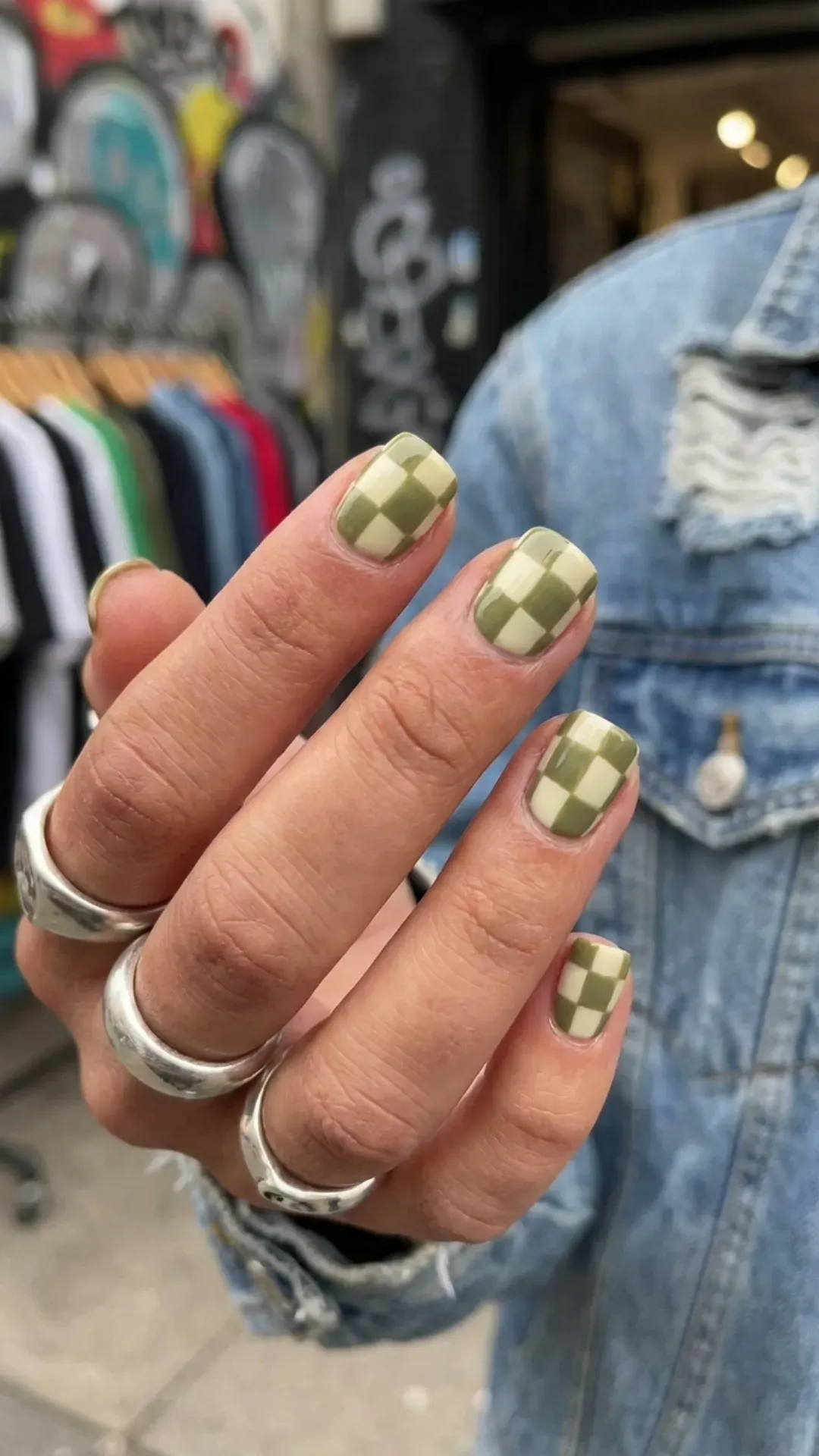 Trendy olive green and cream checkerboard nail art VANSWEG.COM