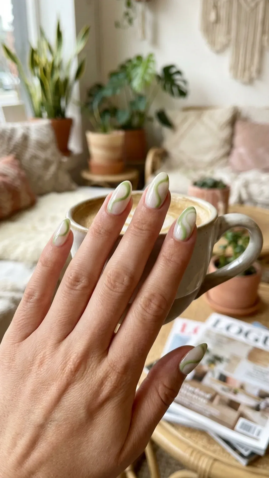  Milky white nails with retro pistachio green swirls VANSWEG.COM