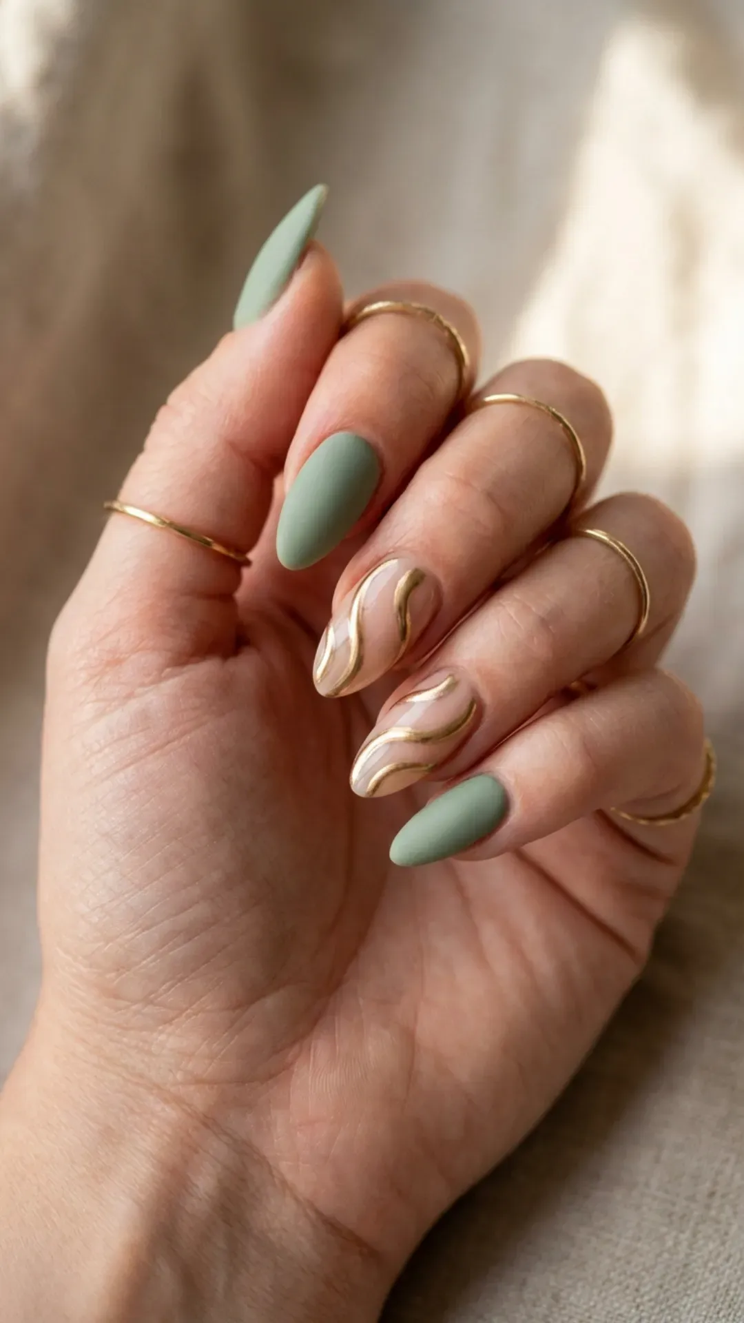Matte sage green almond nails with flowing gold swirl nail art