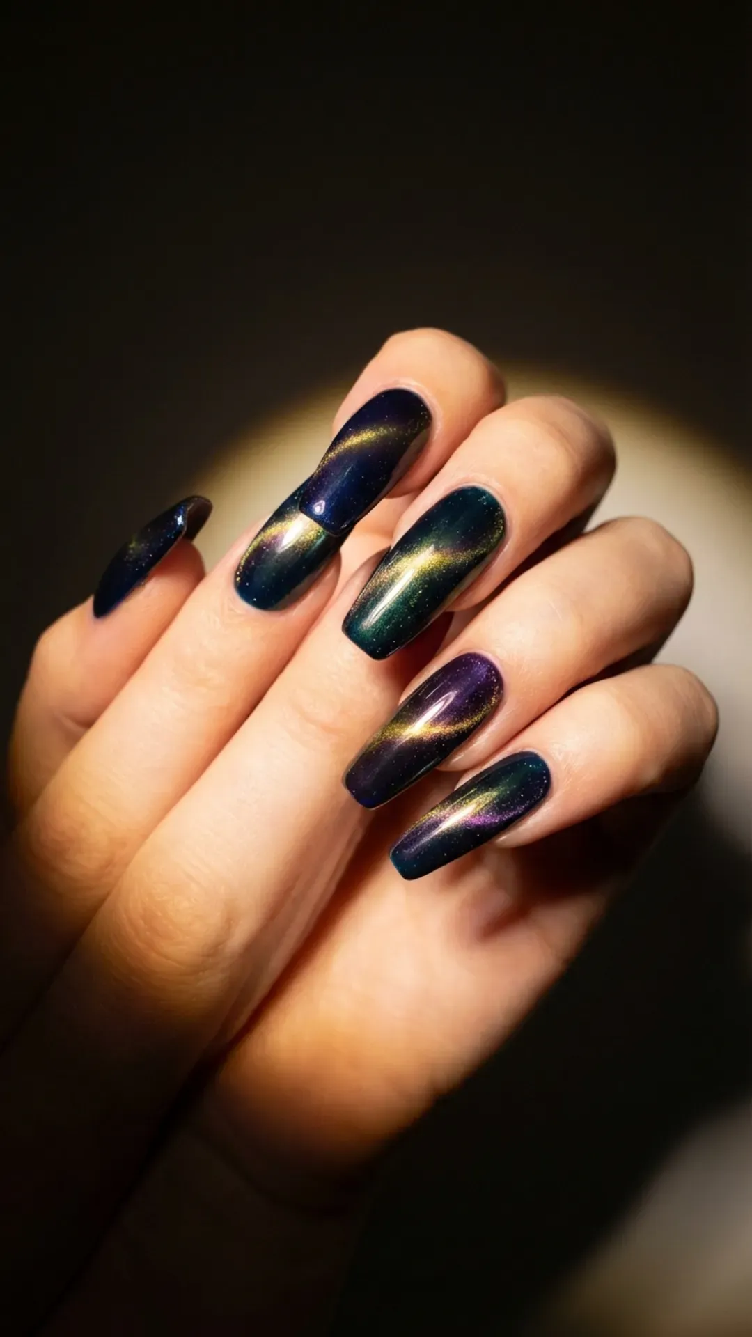 Velvet cat‑eye magnetic prom nails with shifting light effect, glossy finish