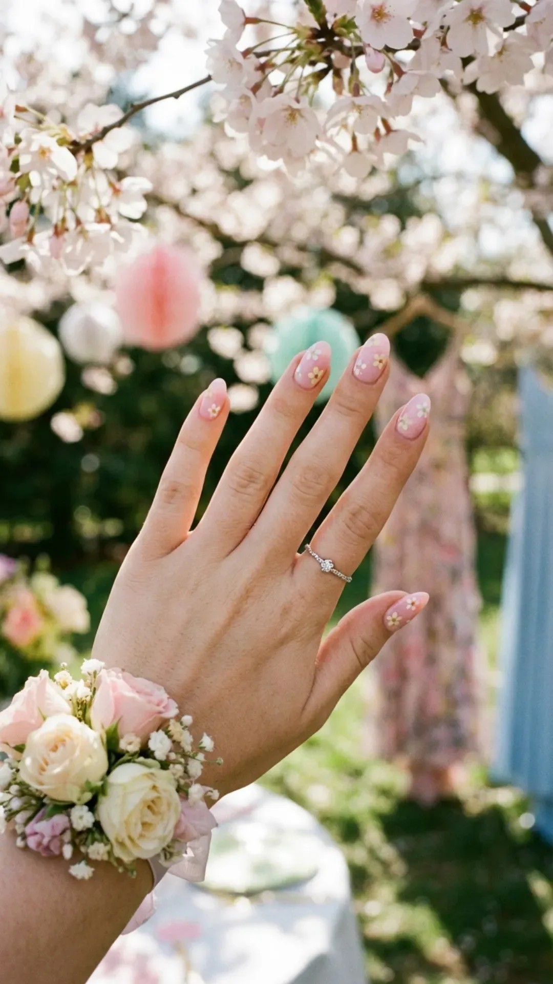 Pastel pink prom nails with small hand‑painted flowers, spring manicure