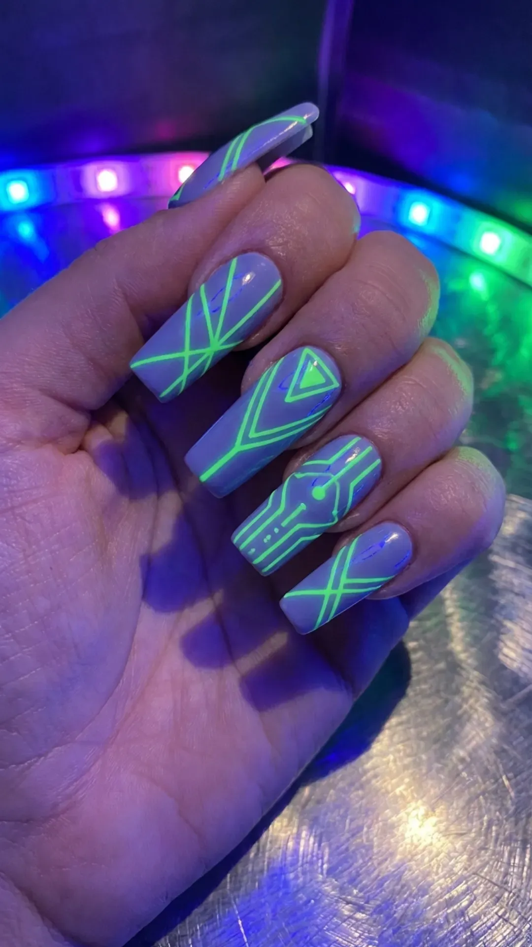 Digital lavender nails with stark neon green geometric accents VANSWEG.COM