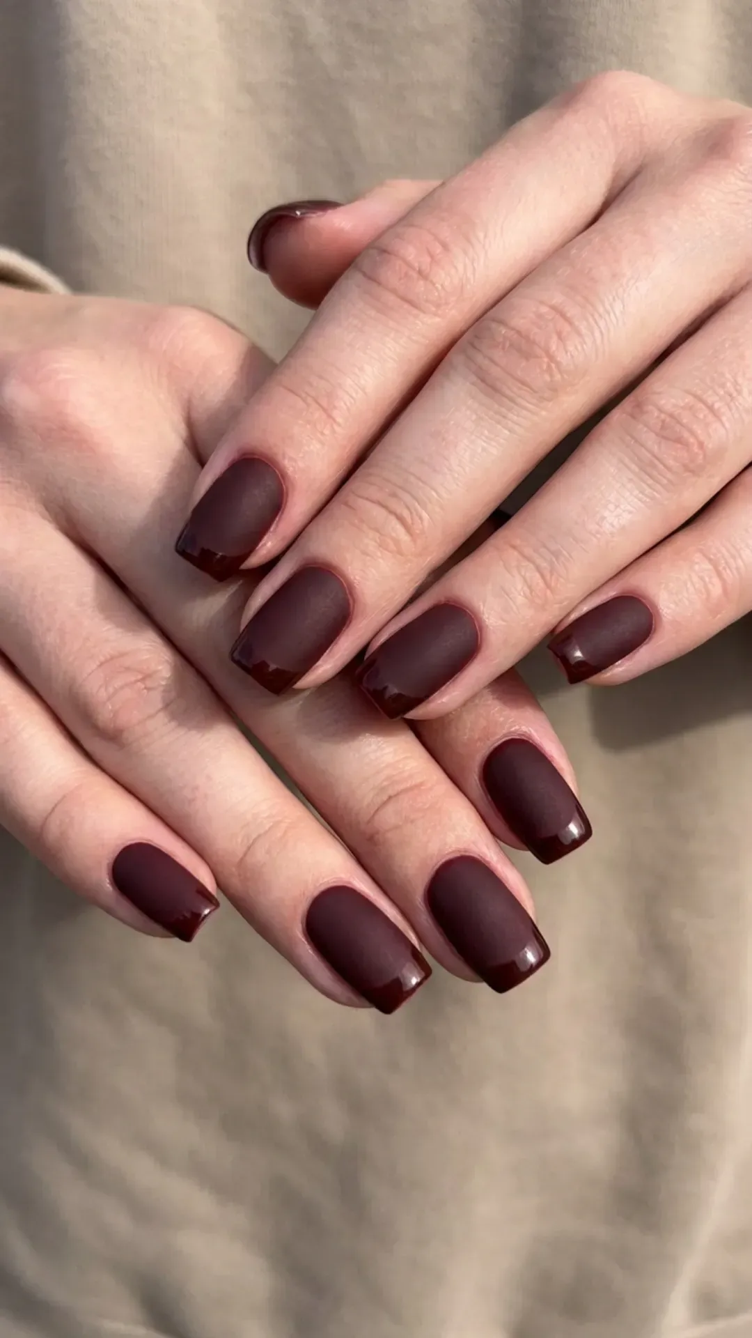 Matte cherry mocha nails with matching glossy French tips VANSWEG.COM